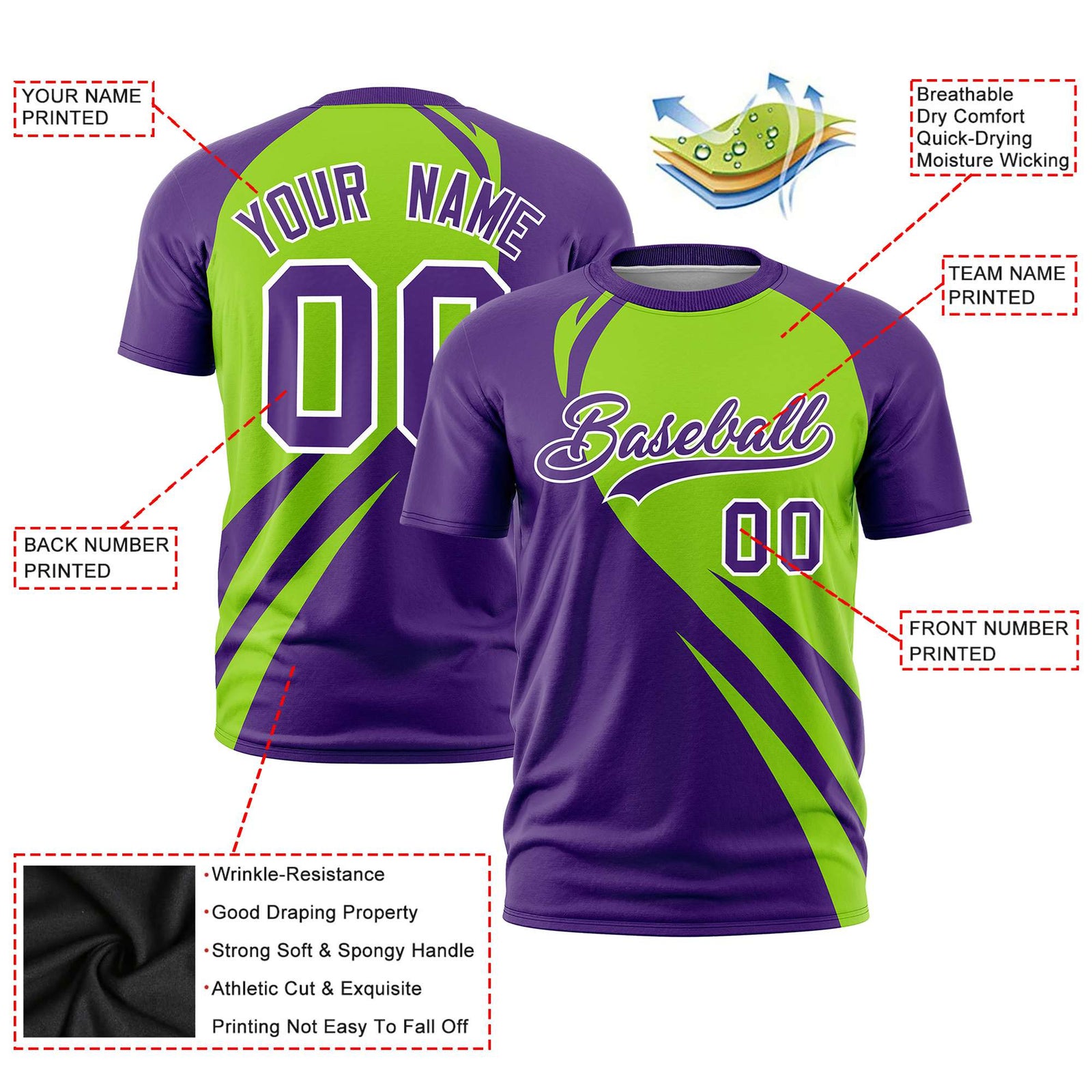 Custom Neon Green-Purple Personalized Slanting Lump Pattern Performance T-Shirt