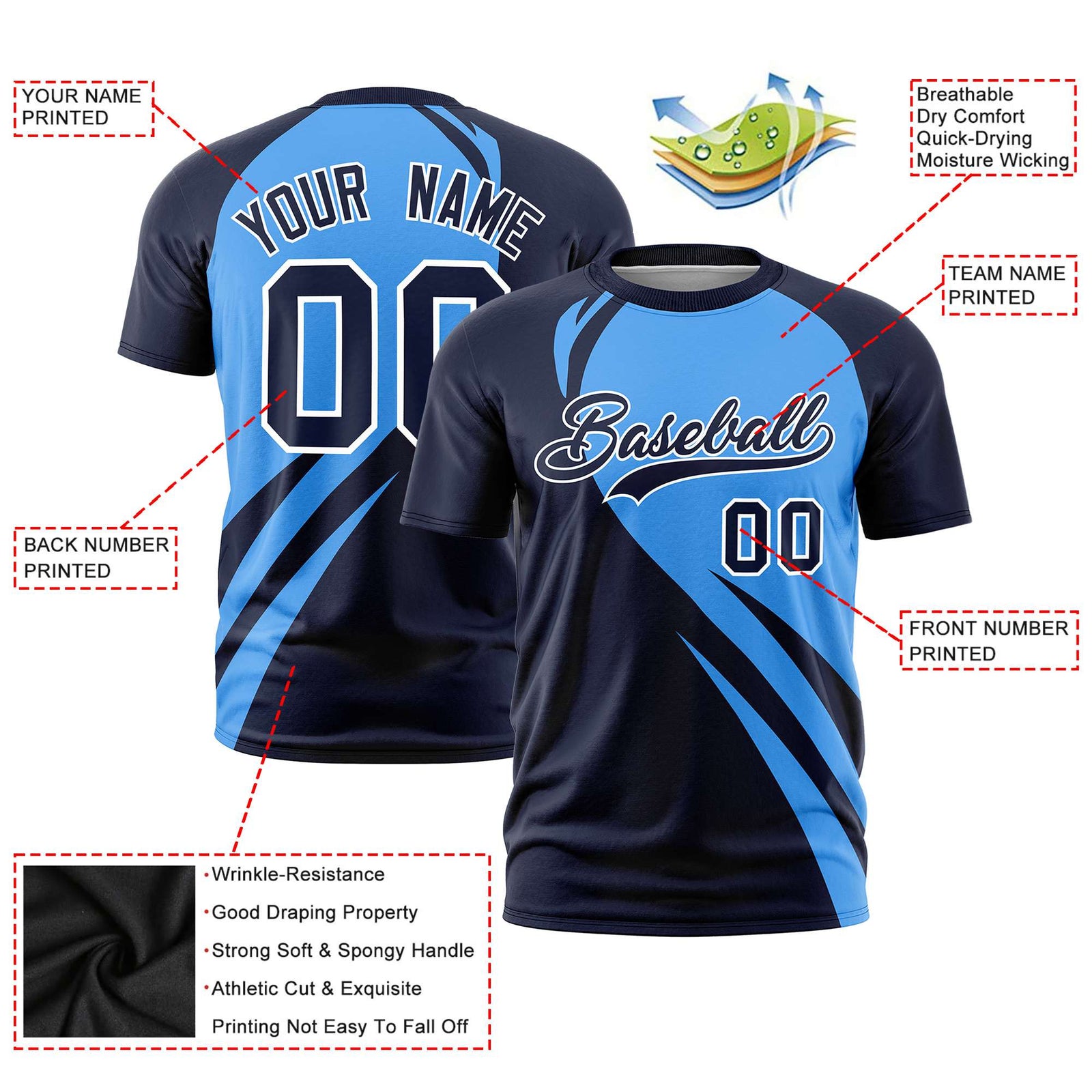 Custom Powder Blue-Navy Personalized Slanting Lump Pattern Performance T-Shirt