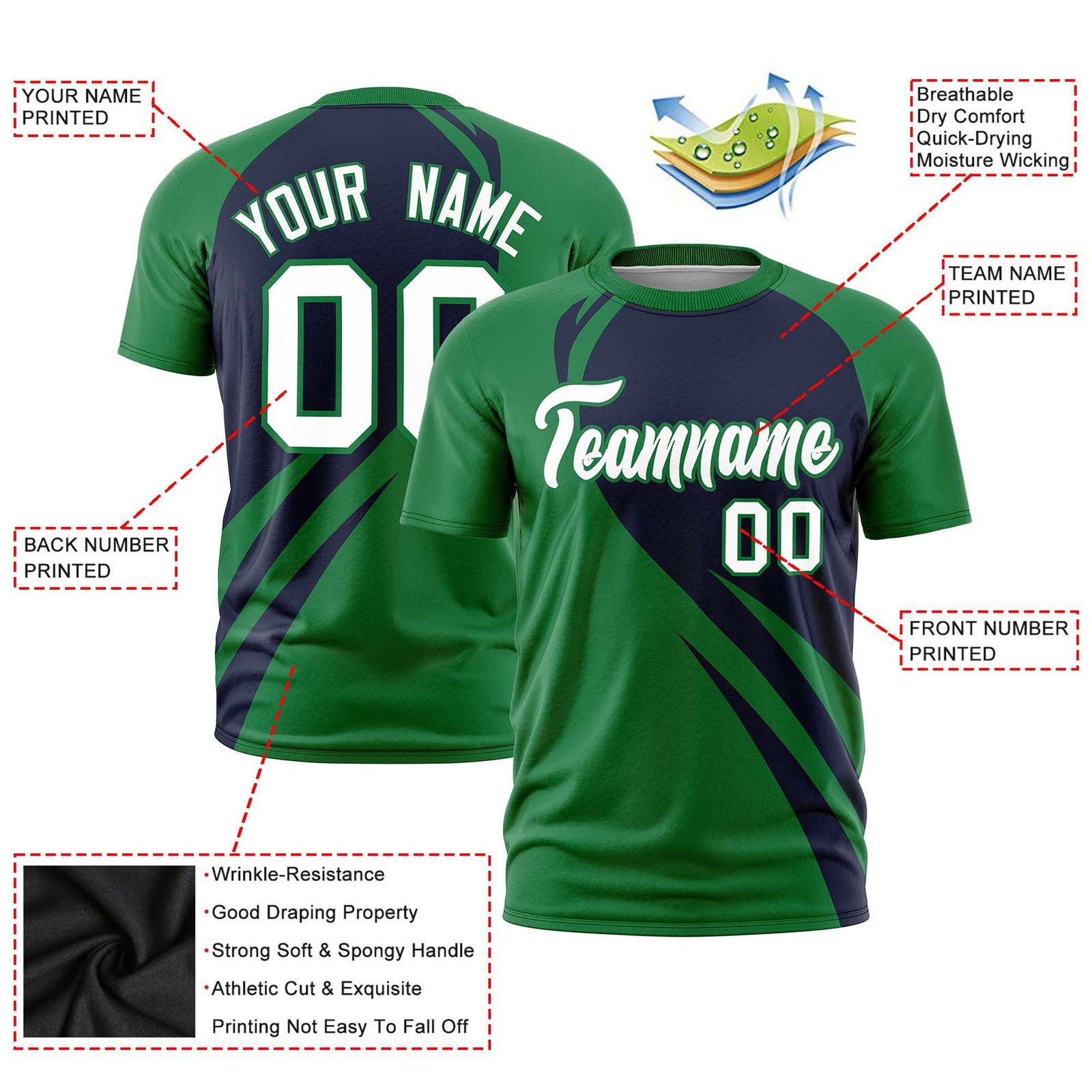 Custom Navy-Kelly Green Personalized Slanting Lump Pattern Performance T-Shirt