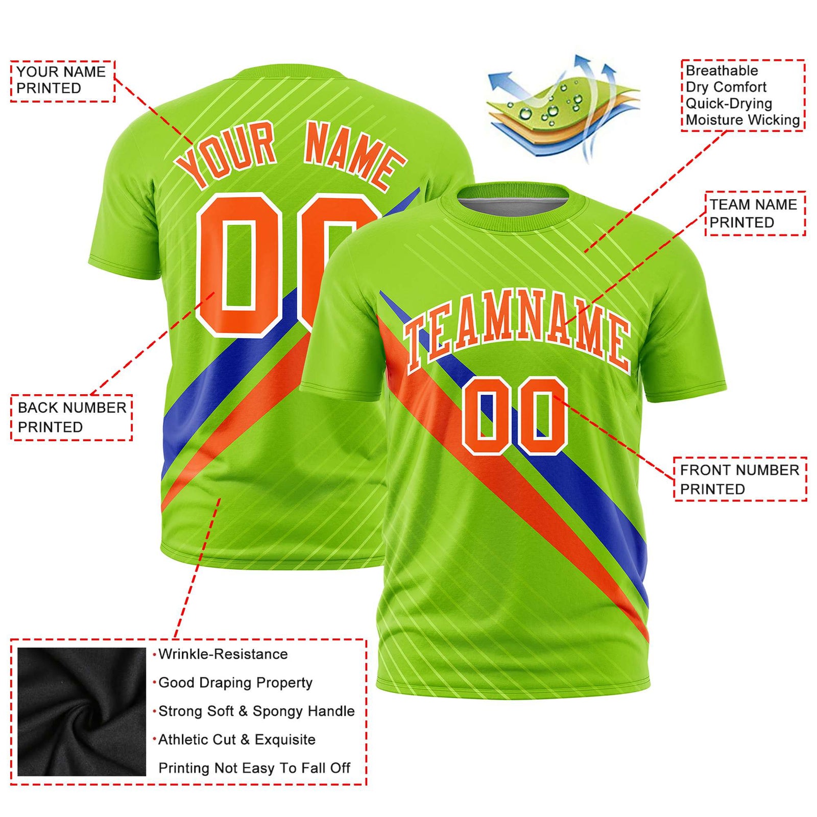 Custom Neon Green-Royal Blue Orange Personalized Slash Pattern Performance T-Shirt