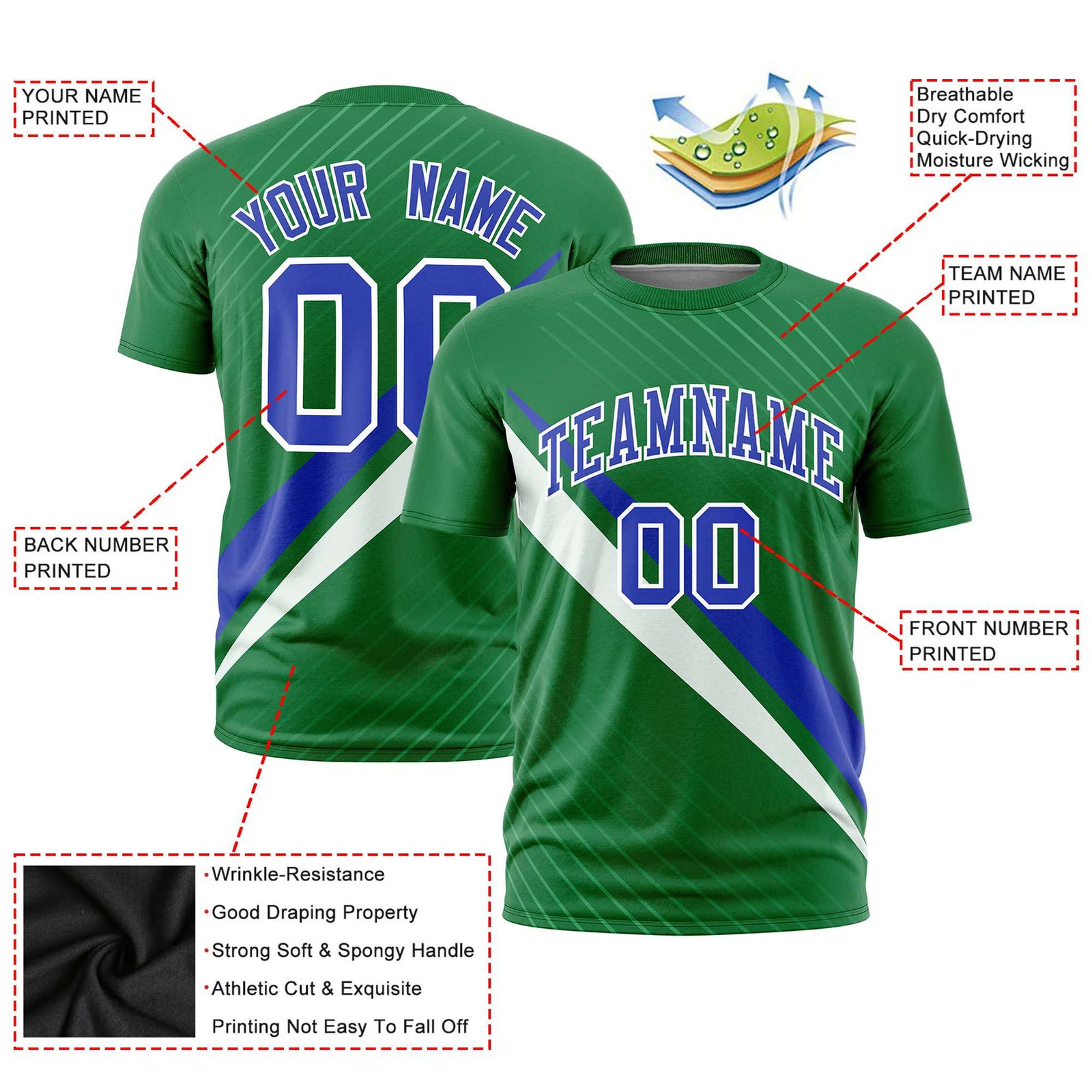 Custom Kelly Green-Royal Blue White Personalized Slash Pattern Performance T-Shirt