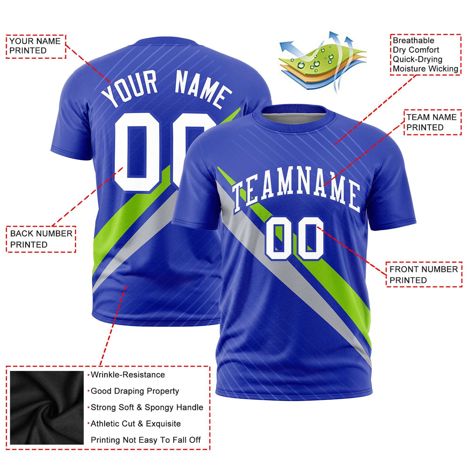 Custom Royal Blue-Neon Green Gray Personalized Slash Pattern Performance T-Shirt