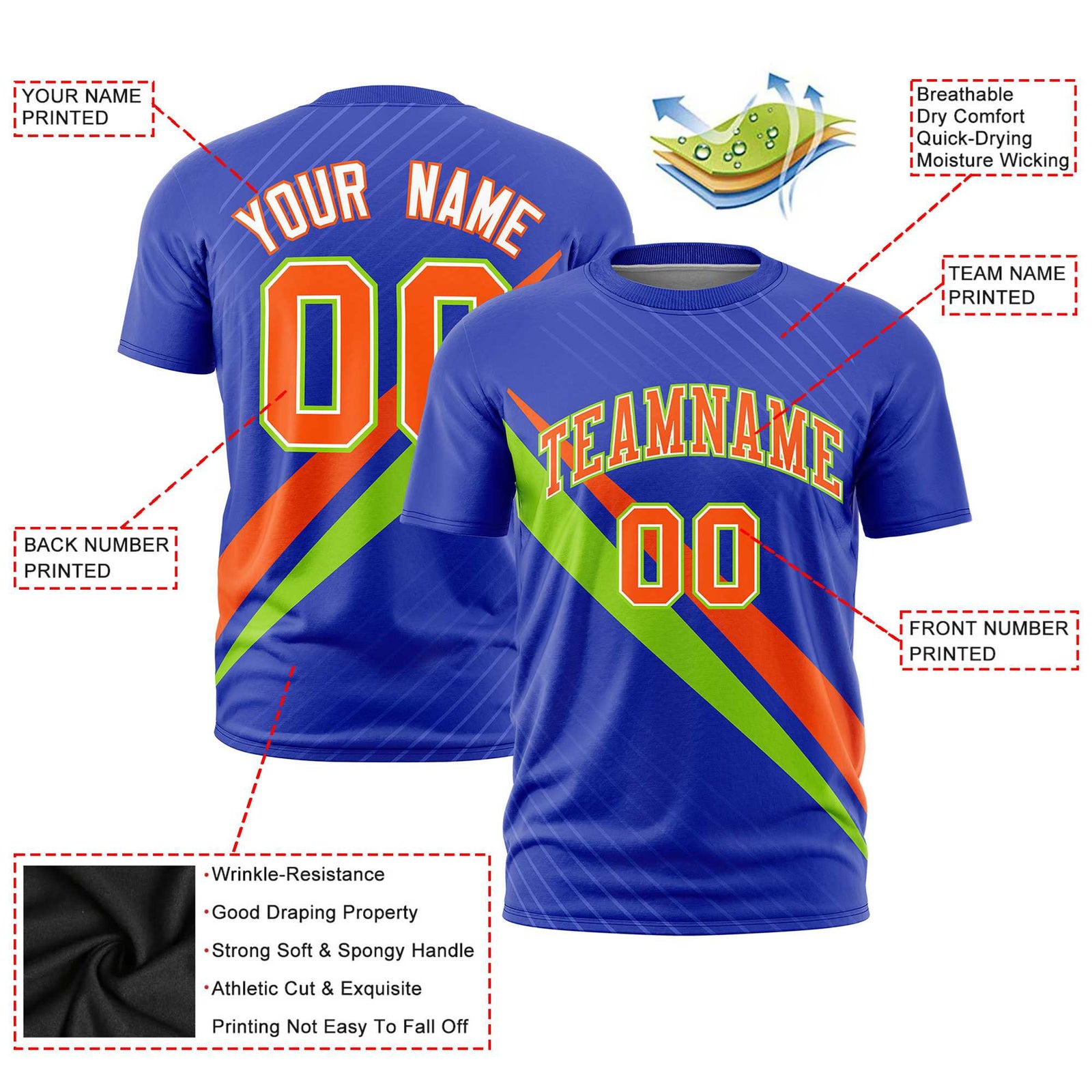 Custom Royal Blue-Orange Neon Green Personalized Slash Pattern Performance T-Shirt