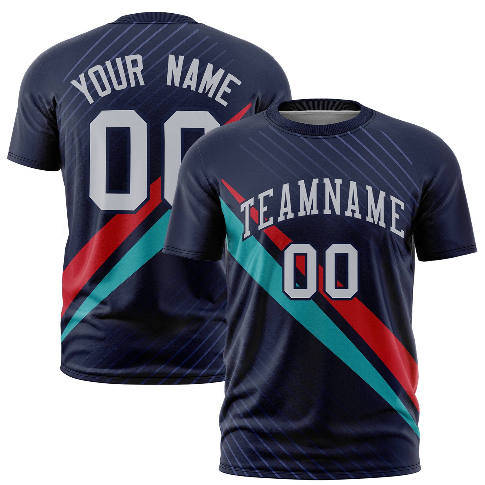 Custom Navy Red-Aqua Personalized Slash Pattern Performance T-Shirt