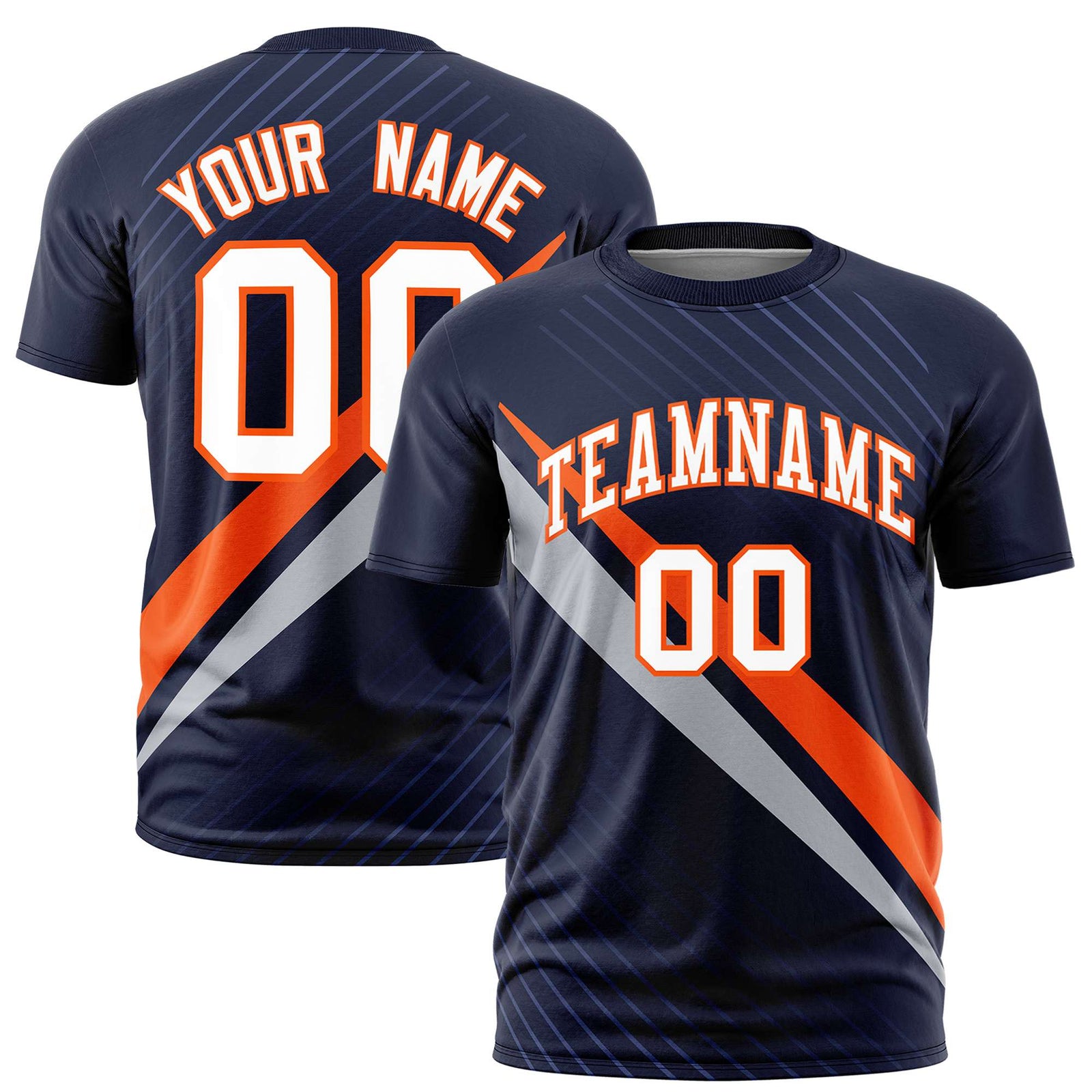Custom Navy Orange-Gray Personalized Slash Pattern Performance T-Shirt