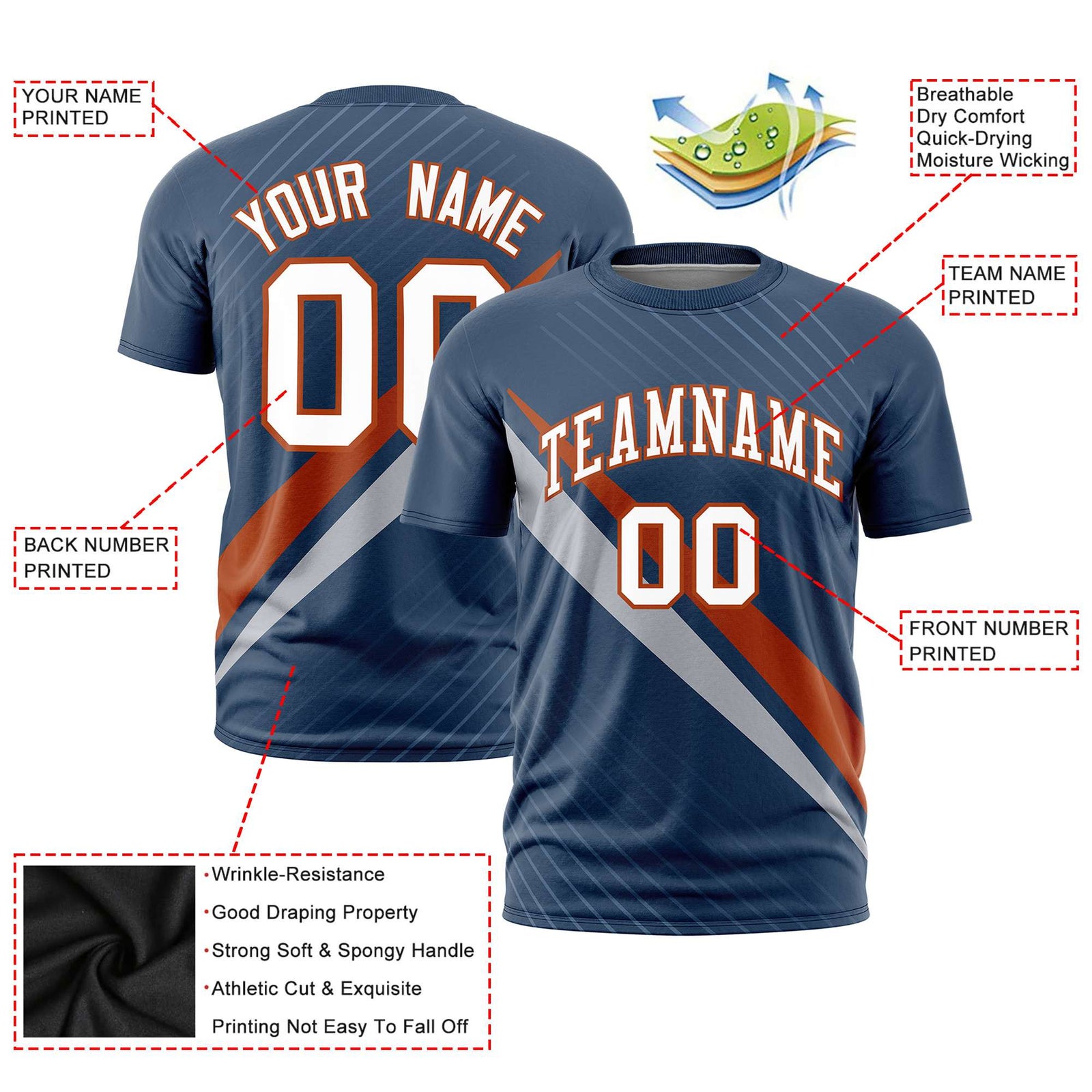 Custom Midnight Blue-Texas Orange Gray Personalized Slash Pattern Performance T-Shirt