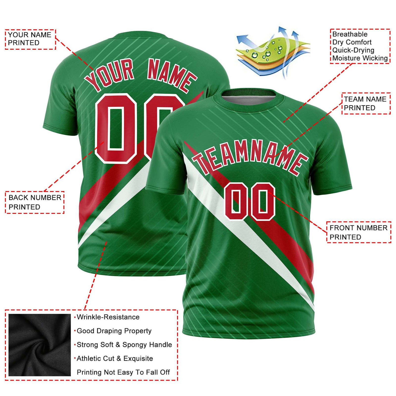 Custom Kelly Green-Red White Personalized Slash Pattern Performance T-Shirt