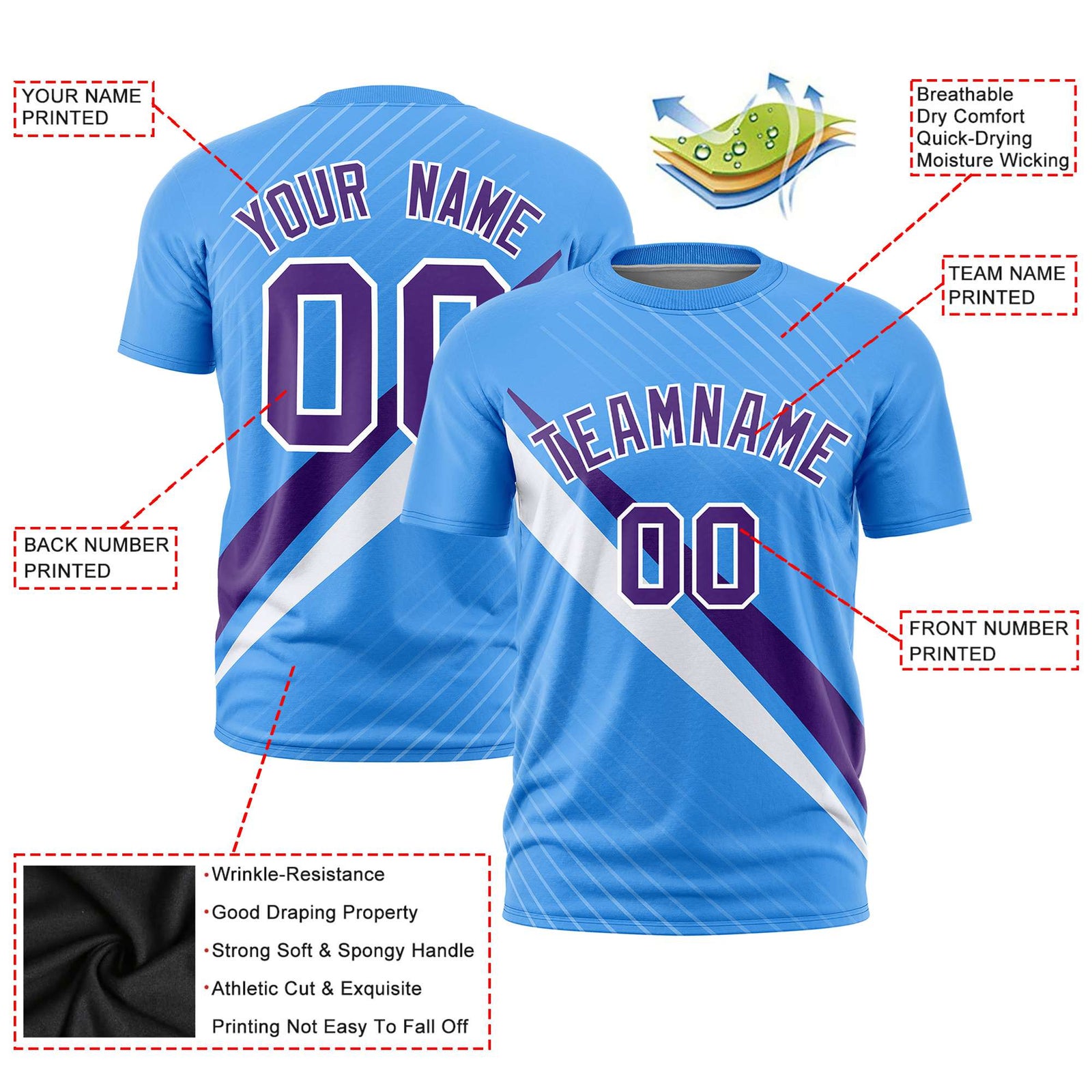 Custom Powder Blue-Purple White Personalized Slash Pattern Performance T-Shirt