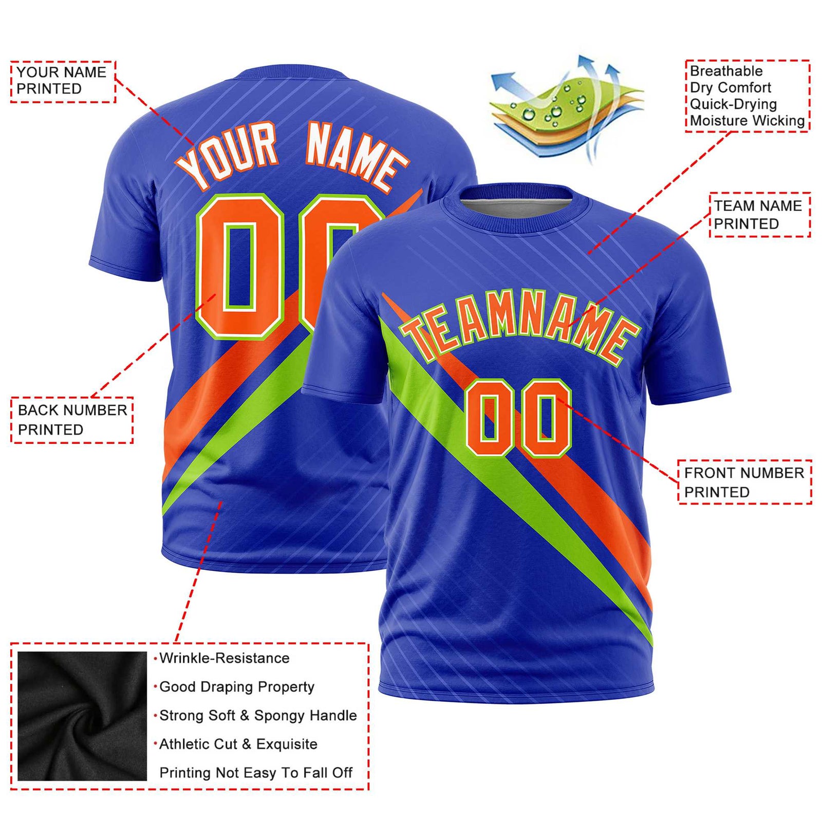 Custom Royal Blue-Orange Neon Green Personalized Slash Pattern Performance T-Shirt