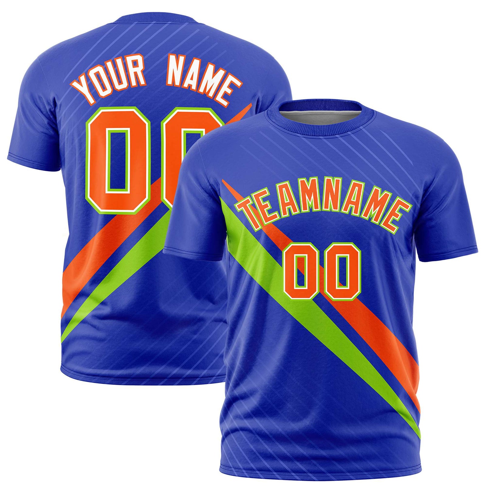 Custom Royal Blue-Orange Neon Green Personalized Slash Pattern Performance T-Shirt