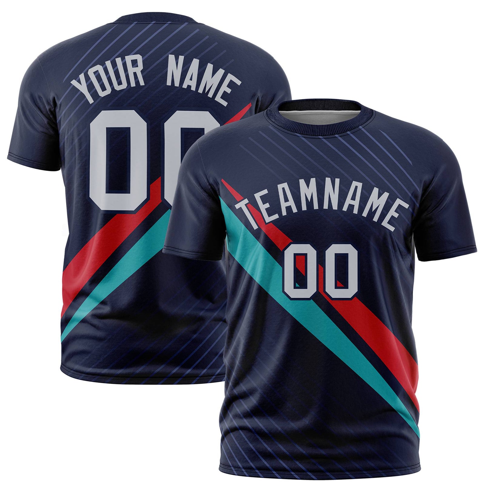 Custom Navy Red-Aqua Personalized Slash Pattern Performance T-Shirt
