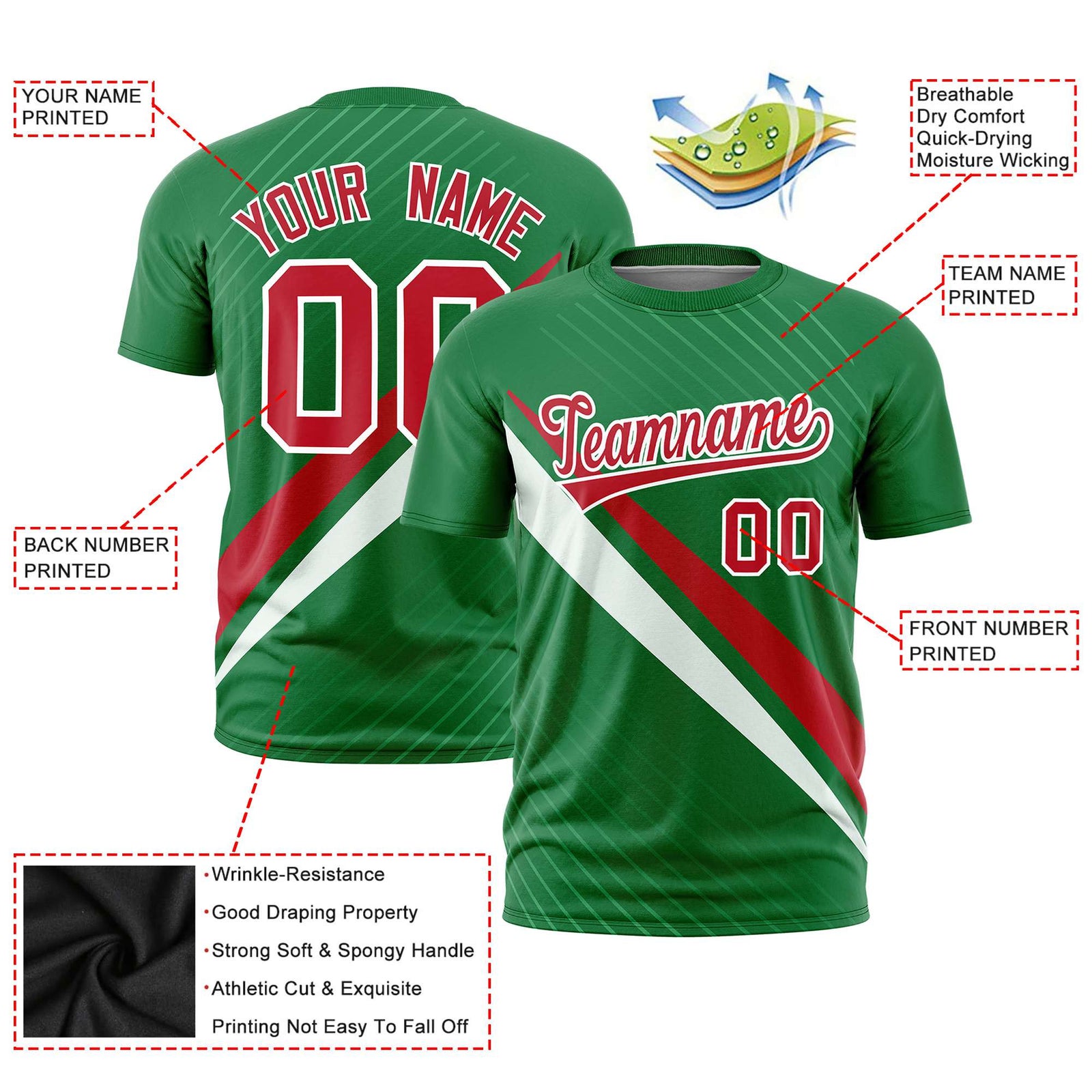 Custom Kelly Green-Red White Personalized Slash Pattern Performance T-Shirt