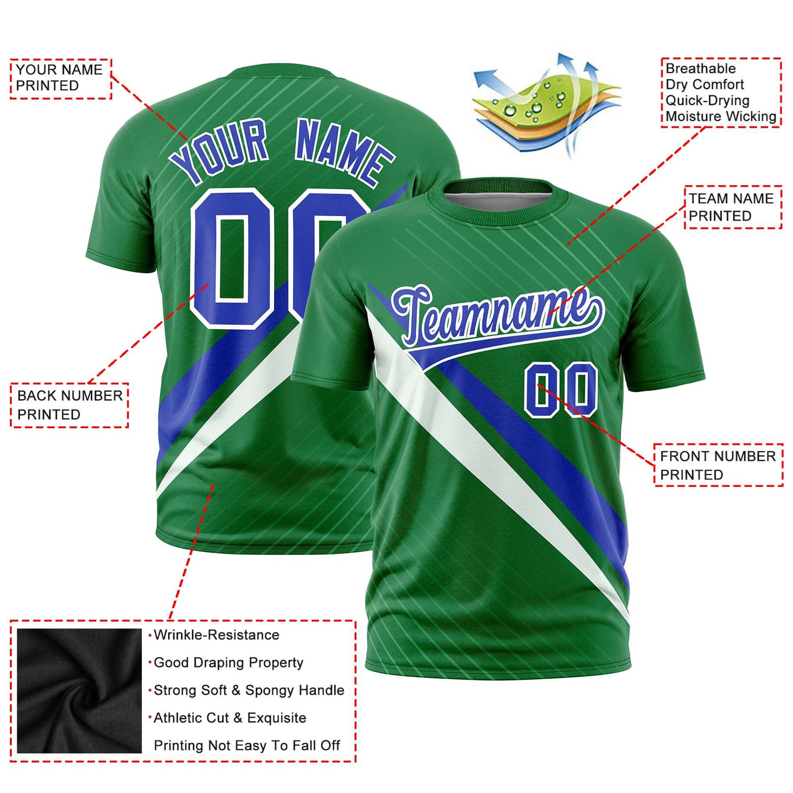 Custom Kelly Green-Royal Blue White Personalized Slash Pattern Performance T-Shirt