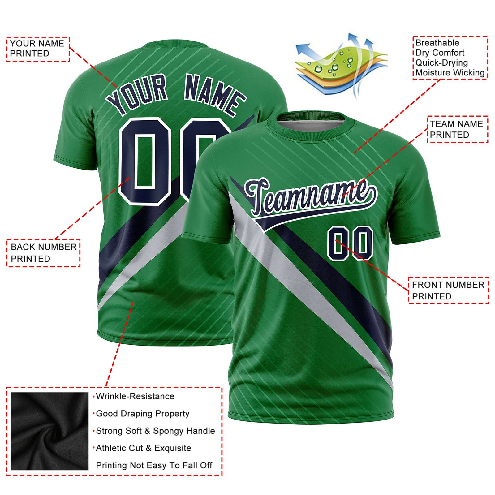 Custom Kelly Green-Royal Blue Gray Personalized Slash Pattern Performance T-Shirt