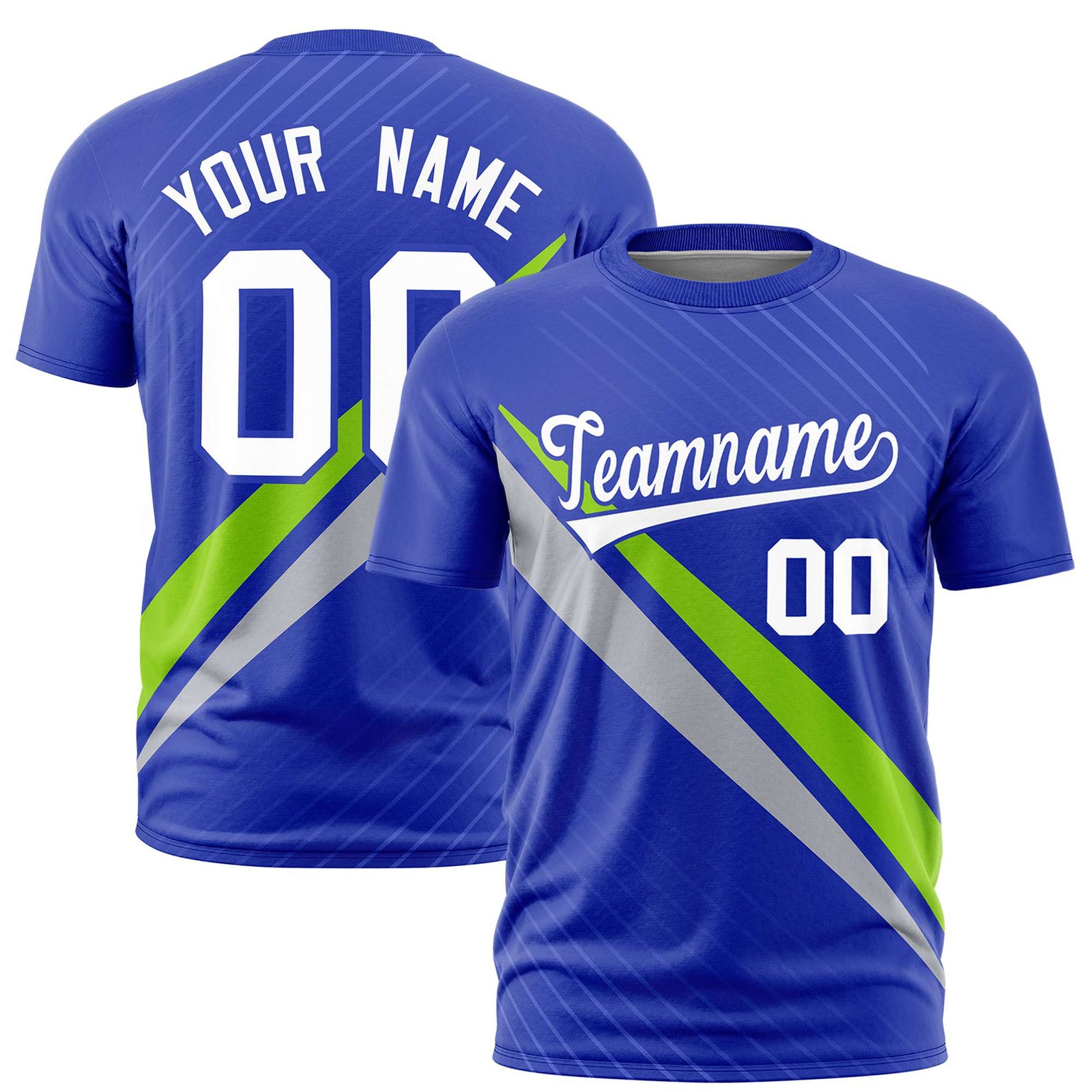 Custom Royal Blue-Neon Green Gray Personalized Slash Pattern Performance T-Shirt