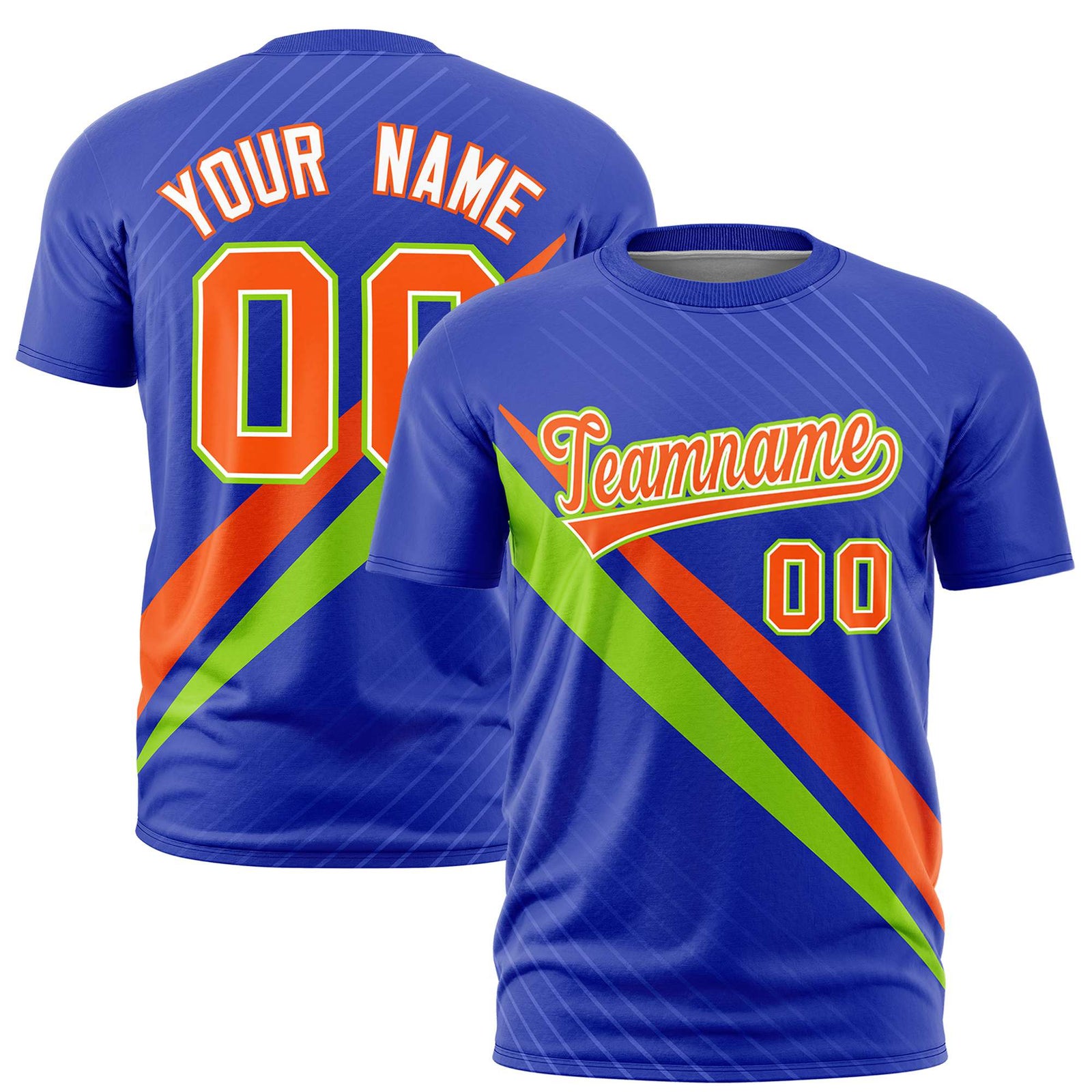 Custom Royal Blue-Orange Neon Green Personalized Slash Pattern Performance T-Shirt