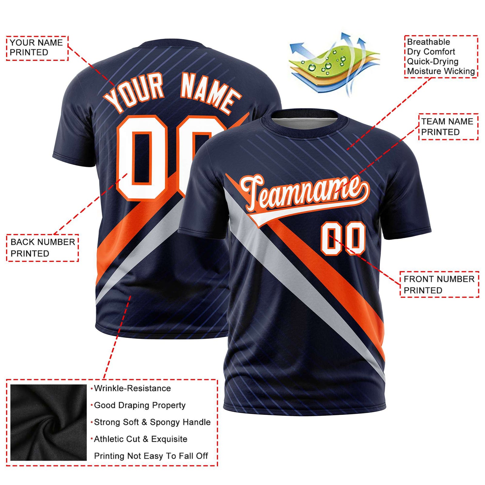 Custom Navy Orange-Gray Personalized Slash Pattern Performance T-Shirt