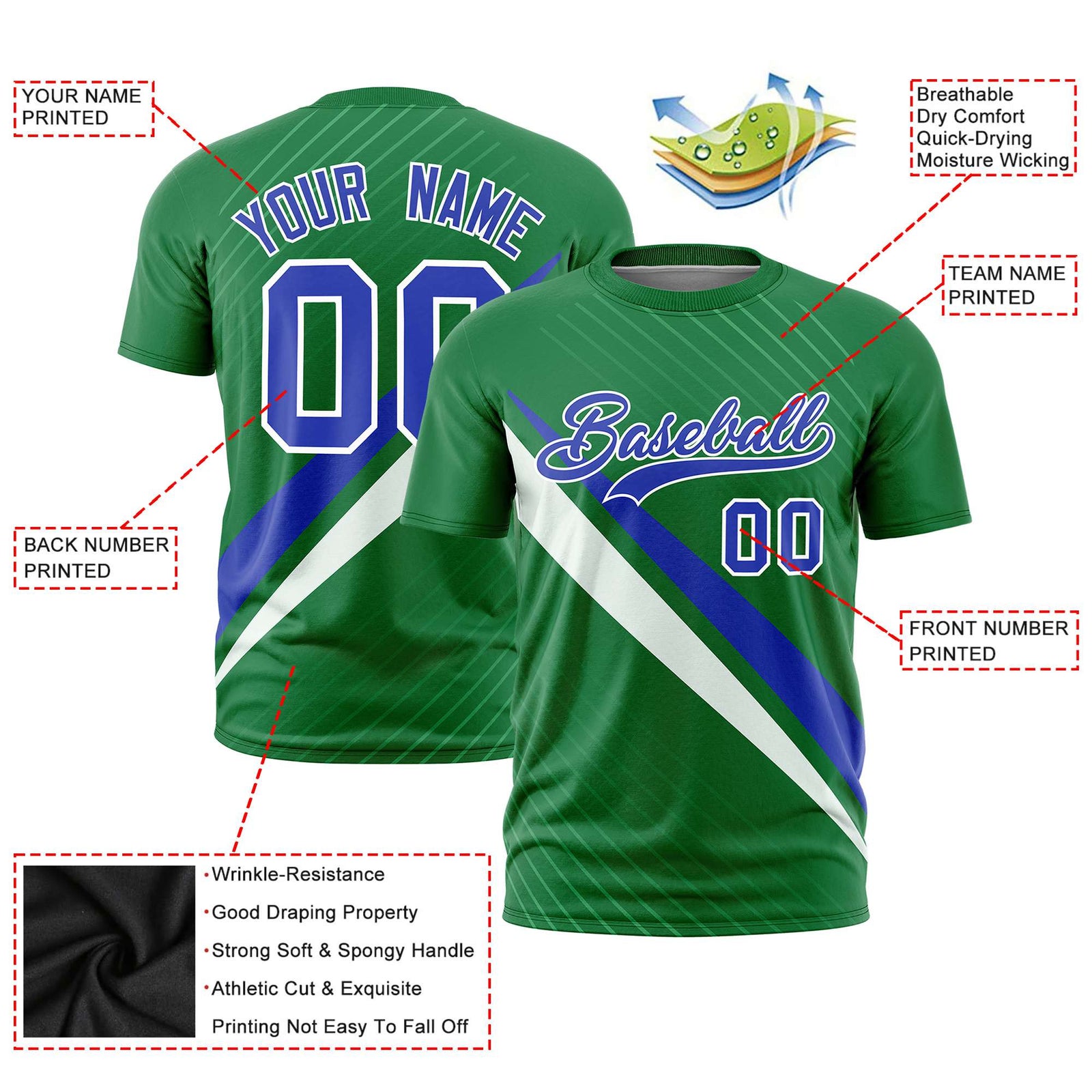 Custom Kelly Green-Royal Blue White Personalized Slash Pattern Performance T-Shirt