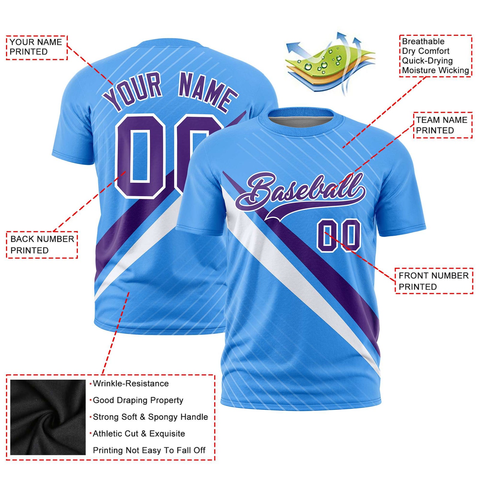 Custom Powder Blue-Purple White Personalized Slash Pattern Performance T-Shirt
