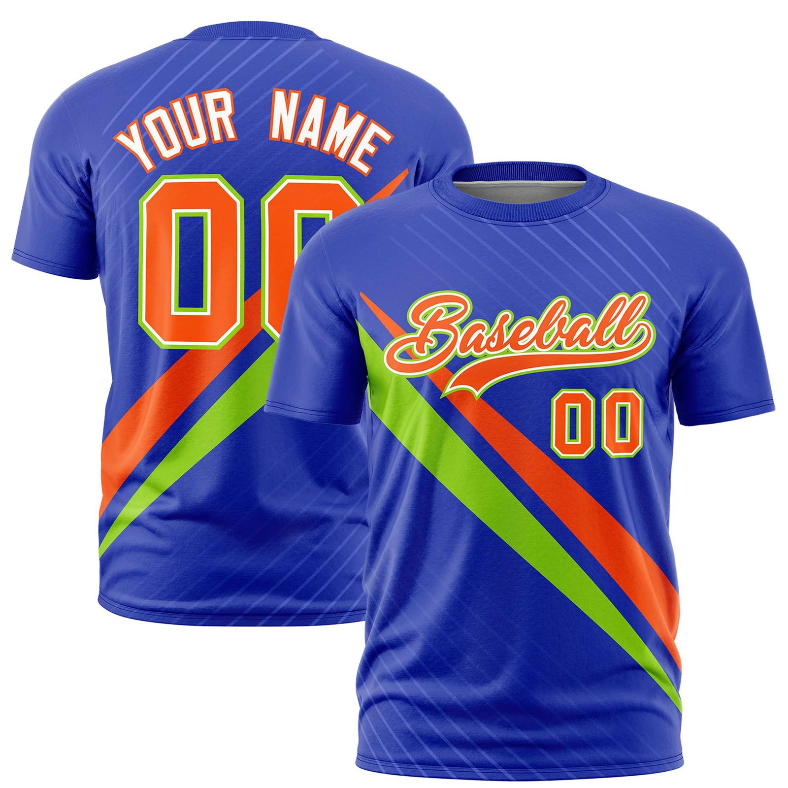 Custom Royal Blue-Orange Neon Green Personalized Slash Pattern Performance T-Shirt
