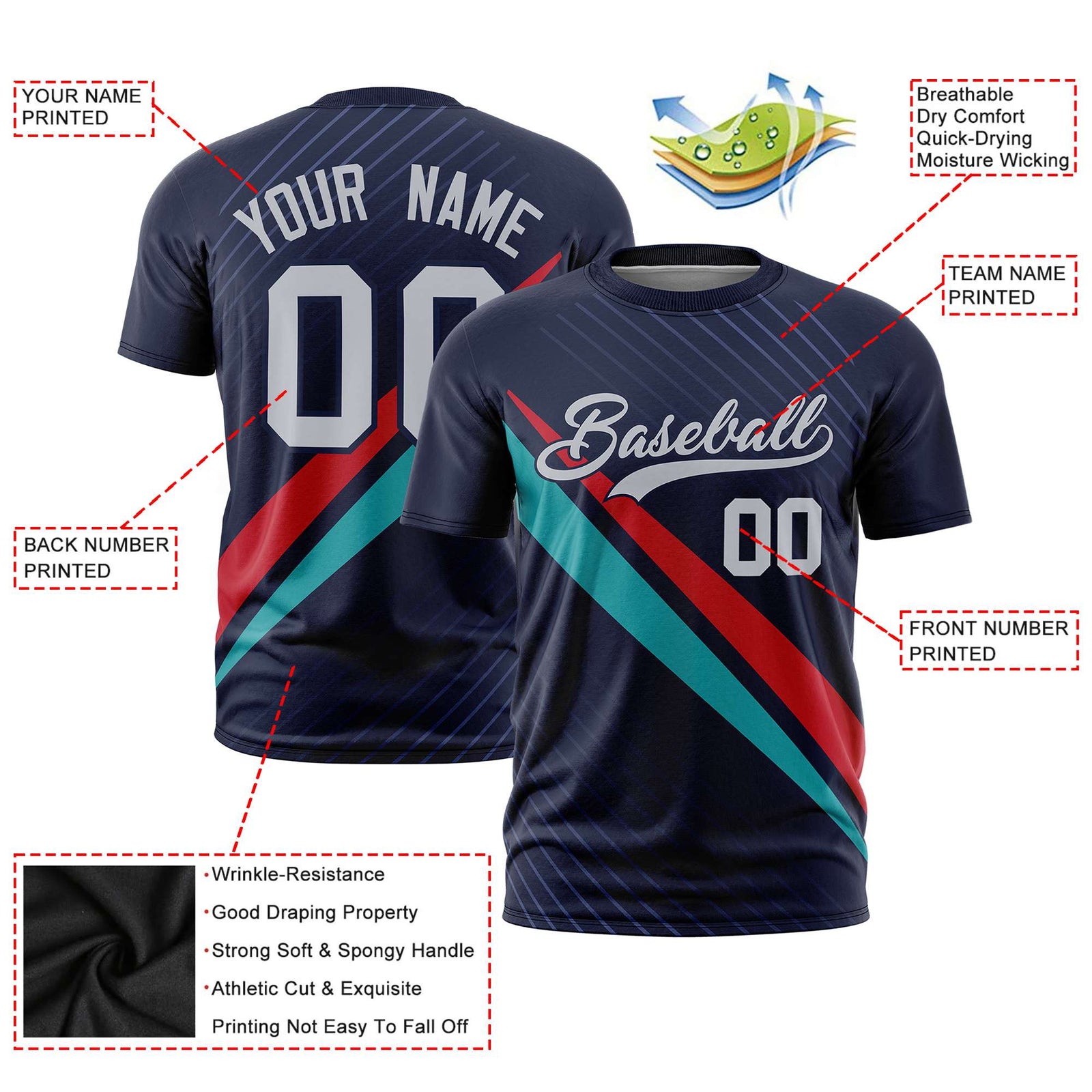 Custom Navy Red-Aqua Personalized Slash Pattern Performance T-Shirt