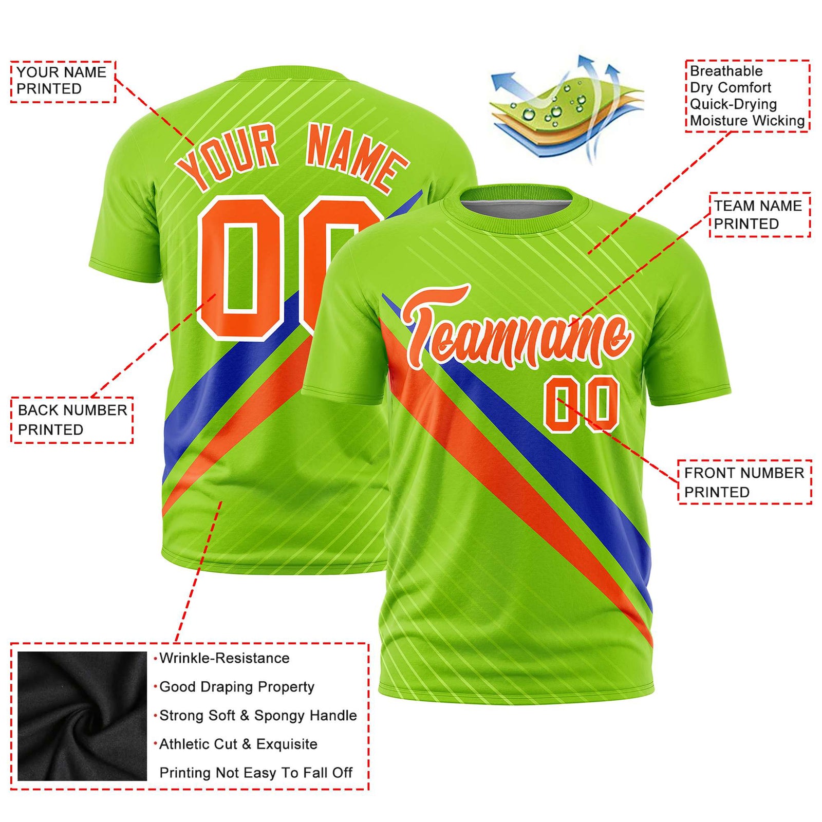 Custom Neon Green-Royal Blue Orange Personalized Slash Pattern Performance T-Shirt