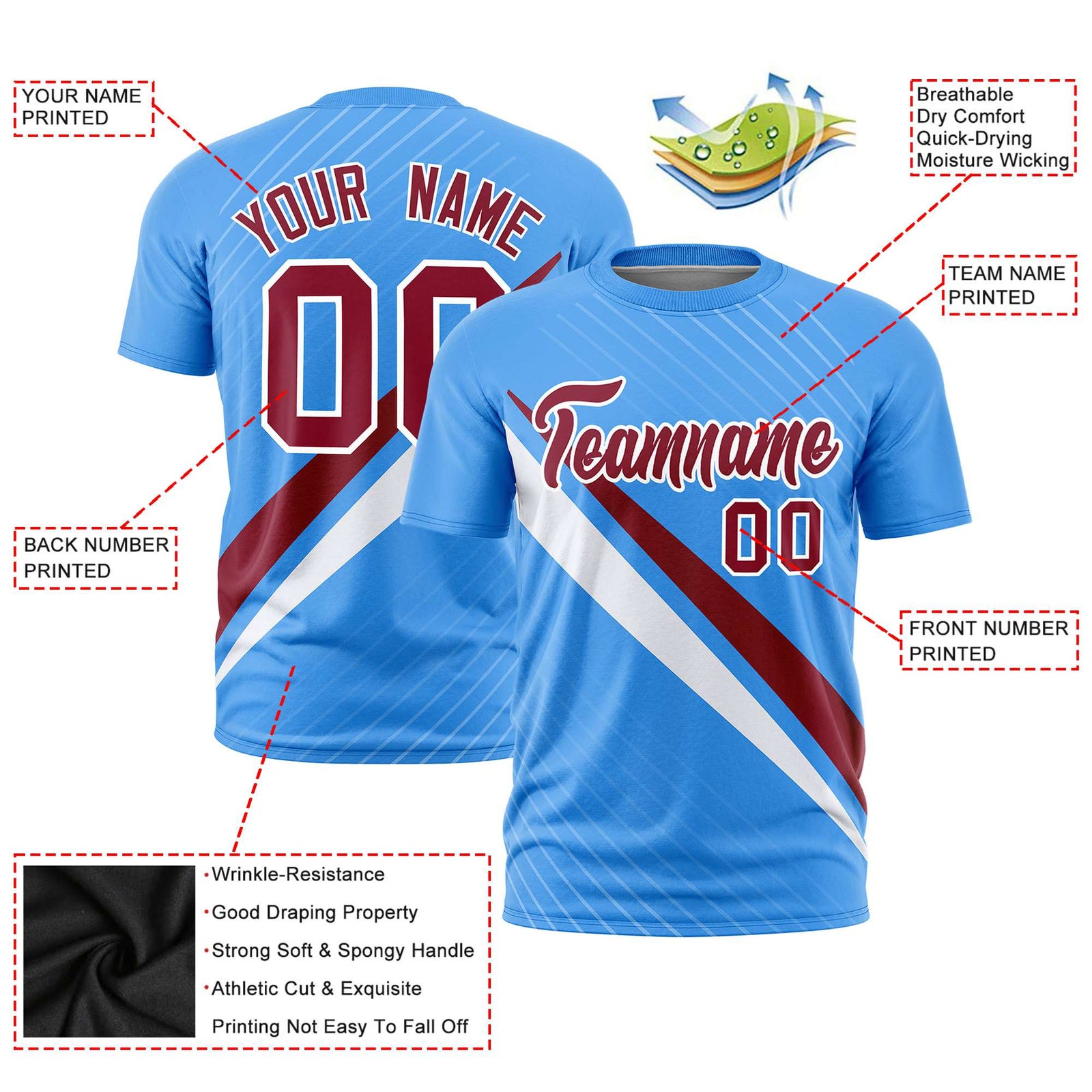Custom Powder Blue-Crimson White Personalized Slash Pattern Performance T-Shirt
