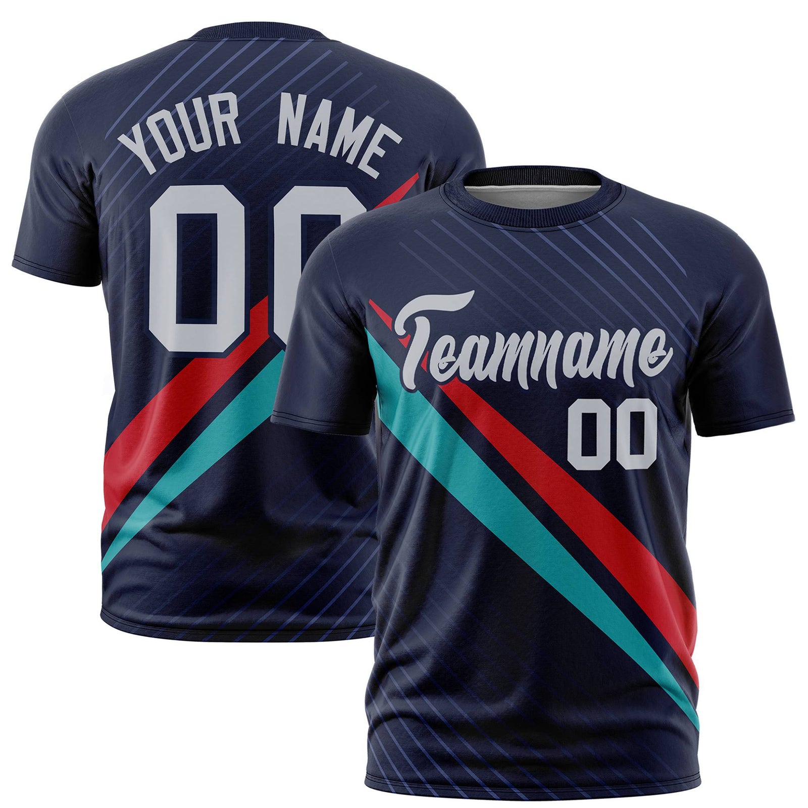 Custom Navy Red-Aqua Personalized Slash Pattern Performance T-Shirt