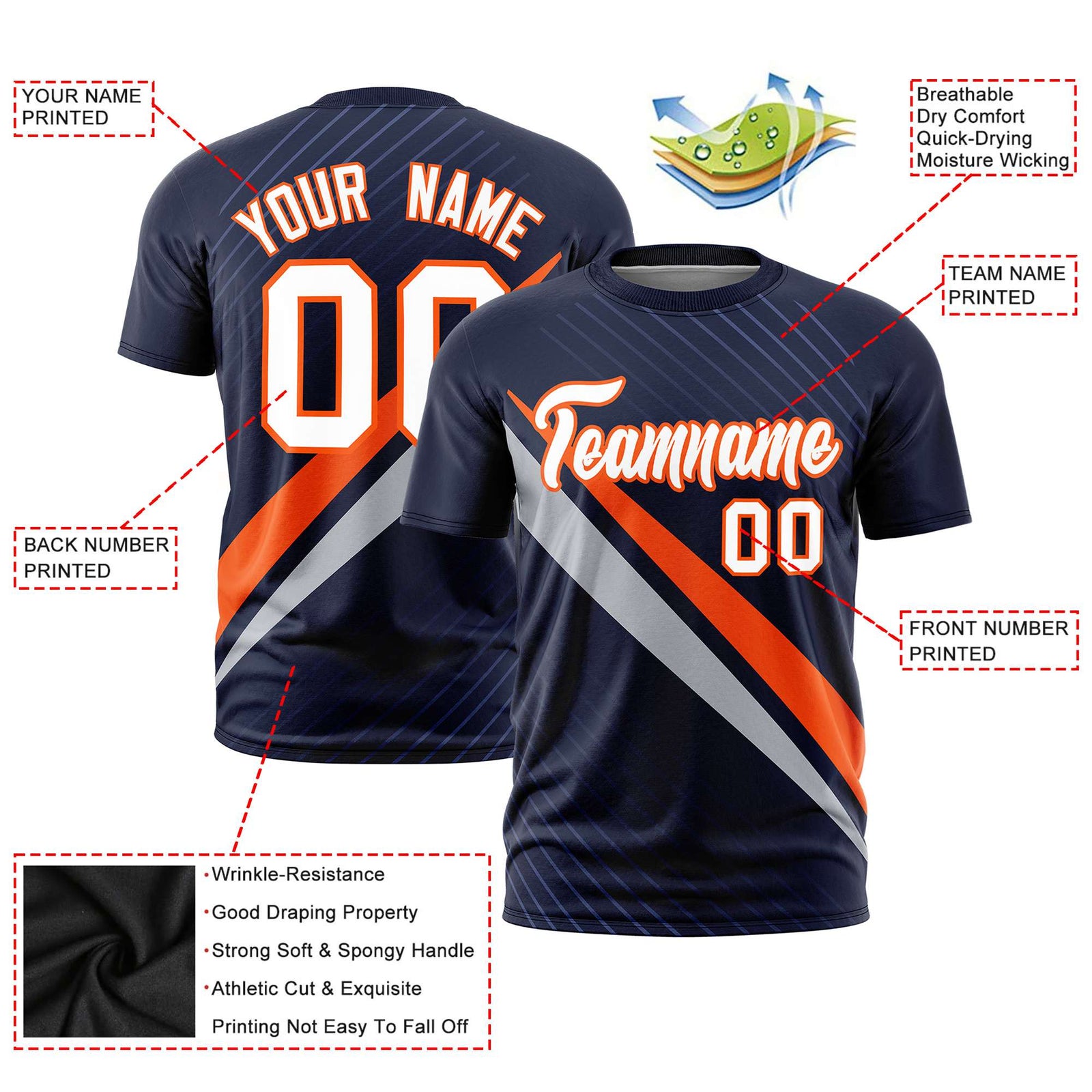 Custom Navy Orange-Gray Personalized Slash Pattern Performance T-Shirt