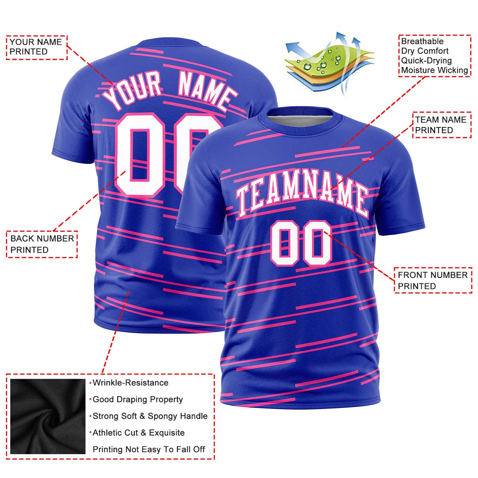 Custom Royal Blue Pink Personalized Slanting Line Graffiti Pattern Performance T-Shirt