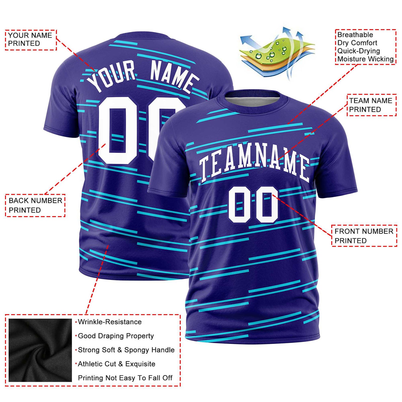 Custom Purple Sky Blue Personalized Slanting Line Graffiti Pattern Performance T-Shirt