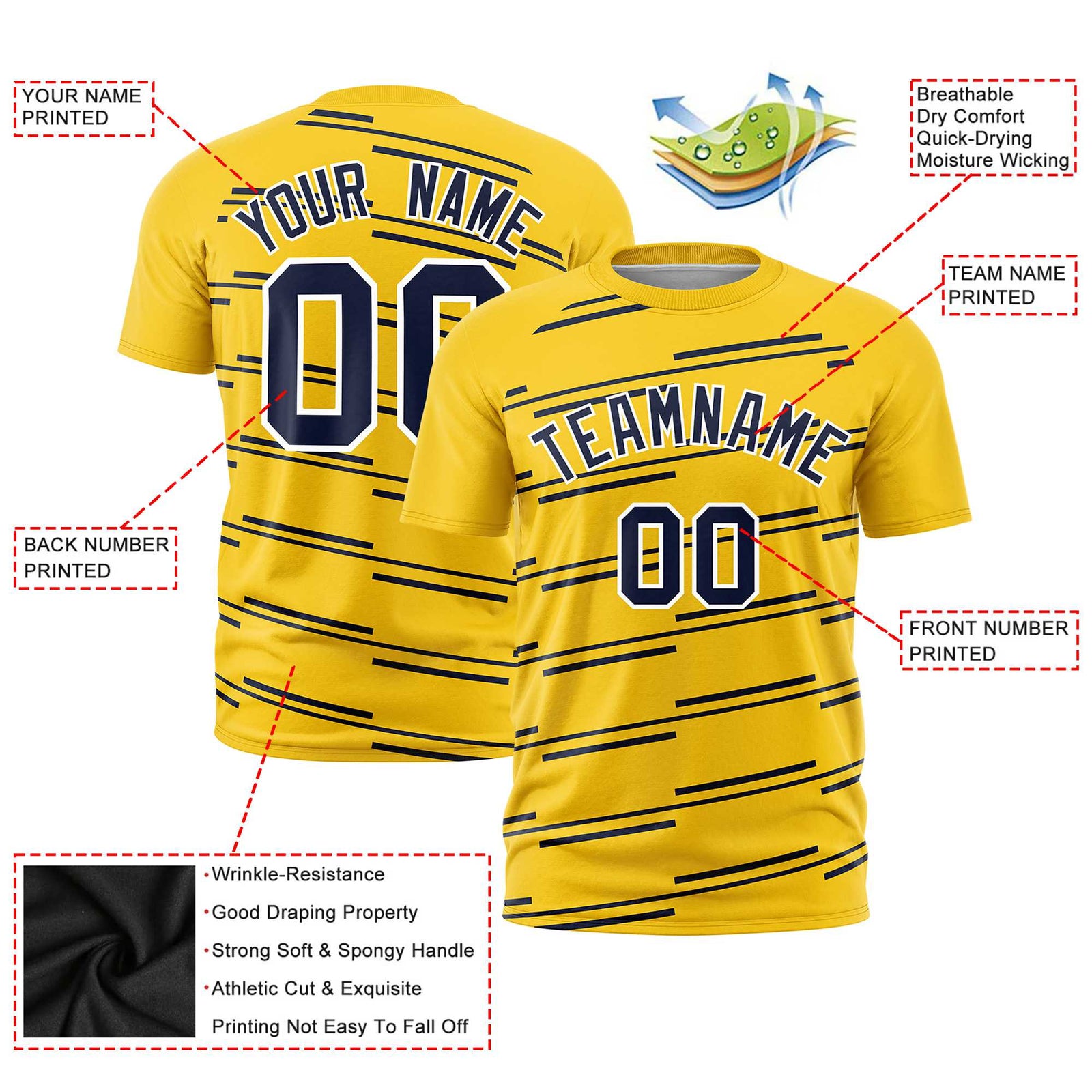 Custom Gold Navy Personalized Slanting Line Graffiti Pattern Performance T-Shirt