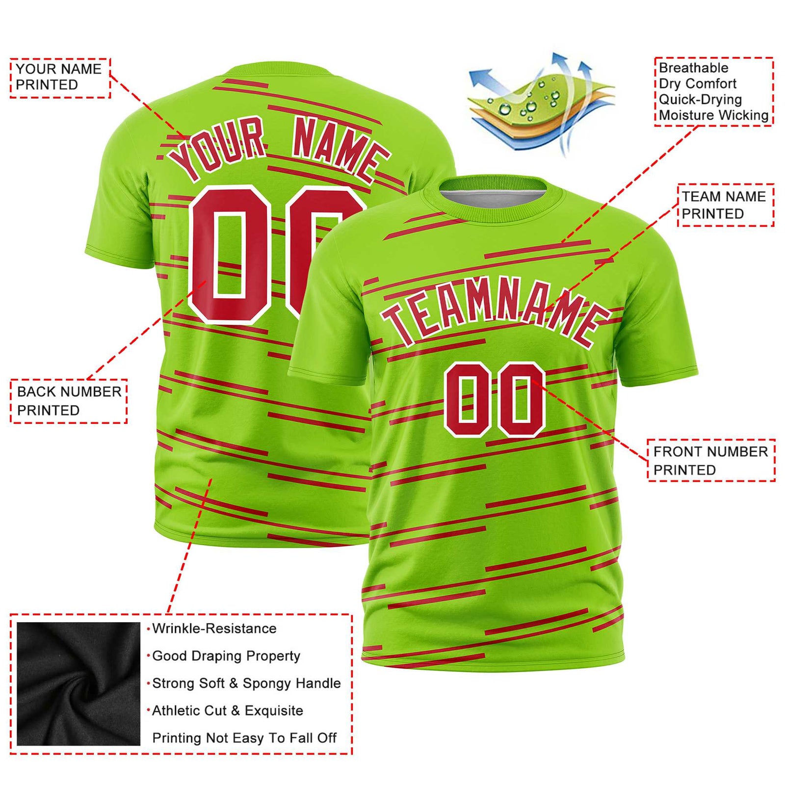 Custom Neon Green Red Personalized Slanting Line Graffiti Pattern Performance T-Shirt