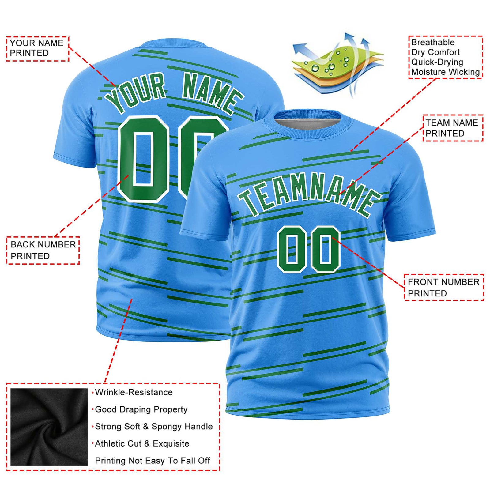 Custom Powder Blue Kelly Green Personalized Slanting Line Graffiti Pattern Performance T-Shirt