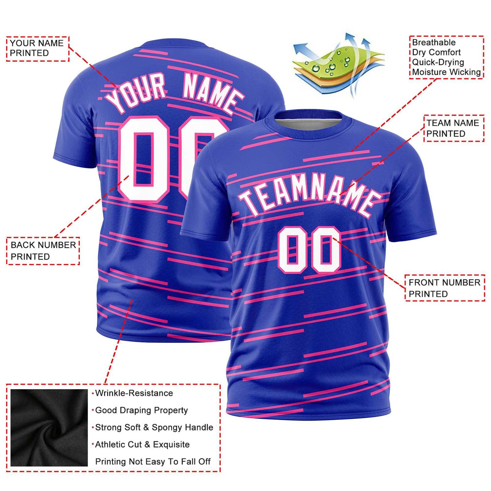 Custom Royal Blue Pink Personalized Slanting Line Graffiti Pattern Performance T-Shirt