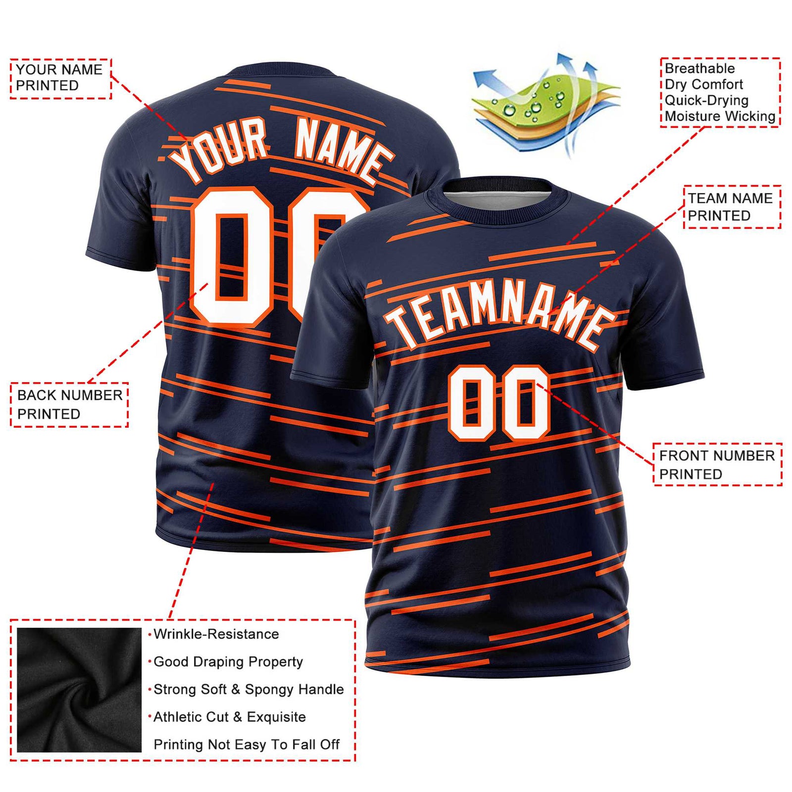 Custom Navy Orange Personalized Slanting Line Graffiti Pattern Performance T-Shirt