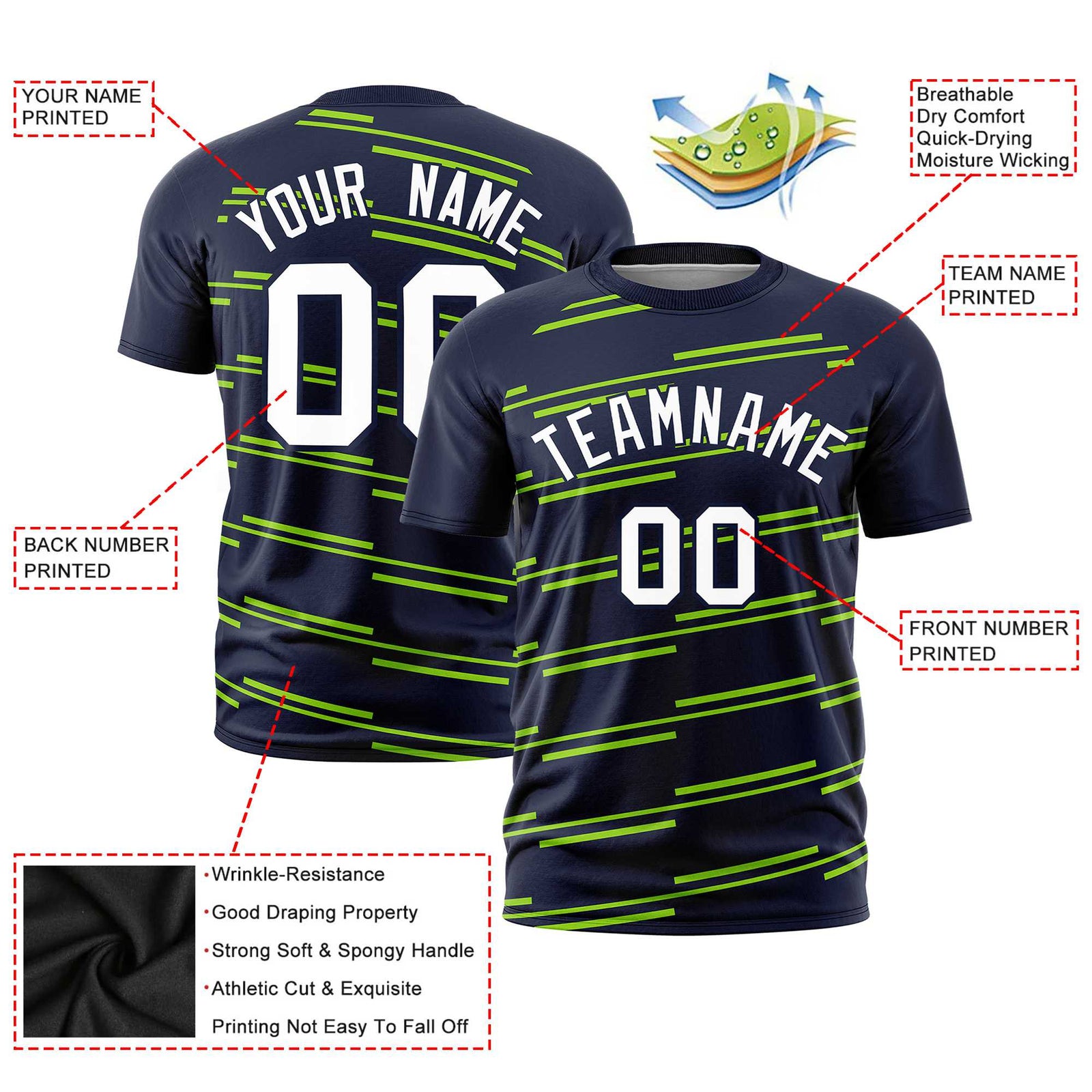 Custom Navy Neon Green Personalized Slanting Line Graffiti Pattern Performance T-Shirt