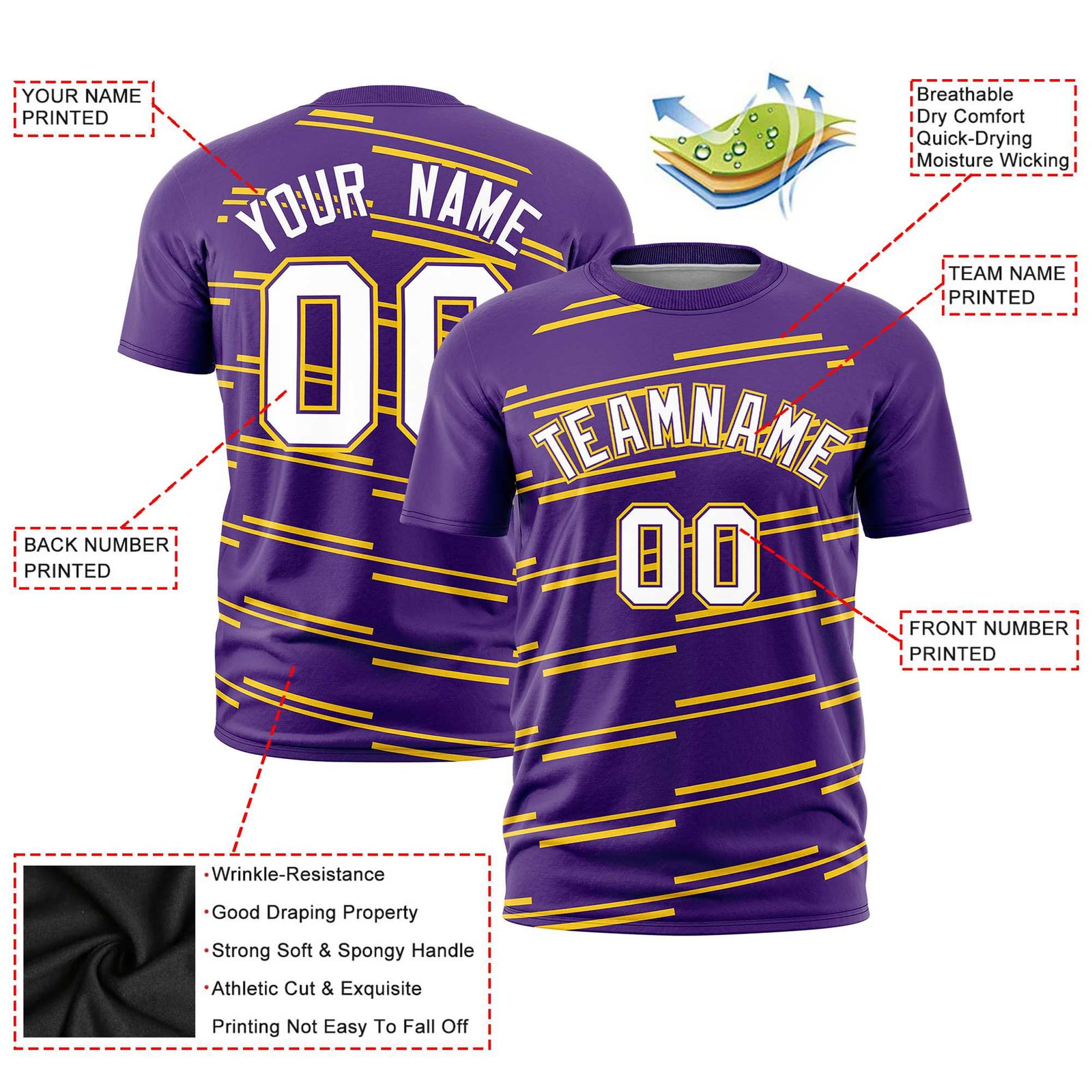 Custom Purple Gold-01 Personalized Slanting Line Graffiti Pattern Performance T-Shirt