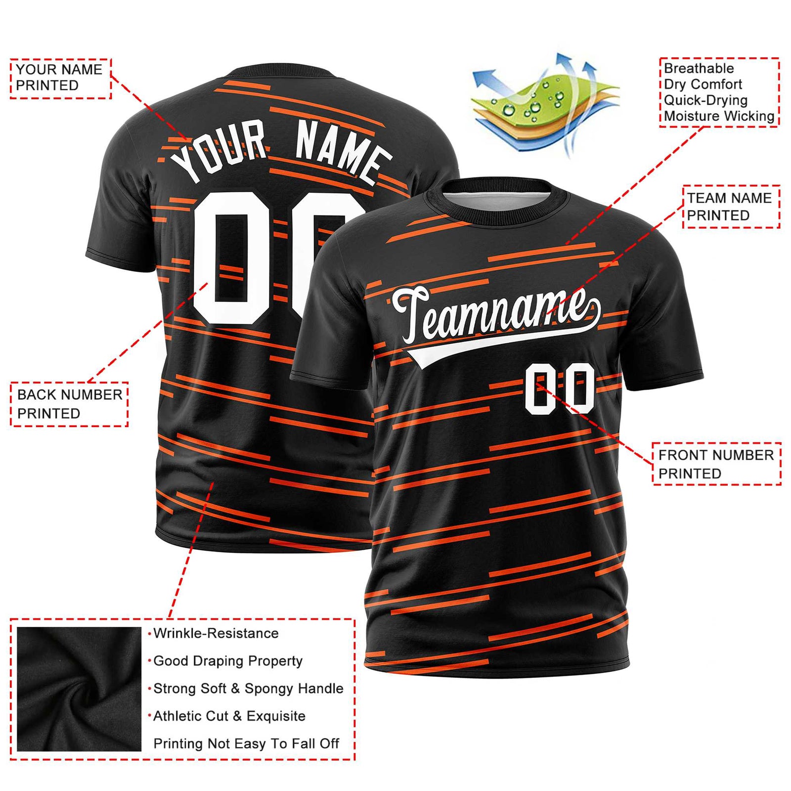 Custom Black Orange Personalized Slanting Line Graffiti Pattern Performance T-Shirt
