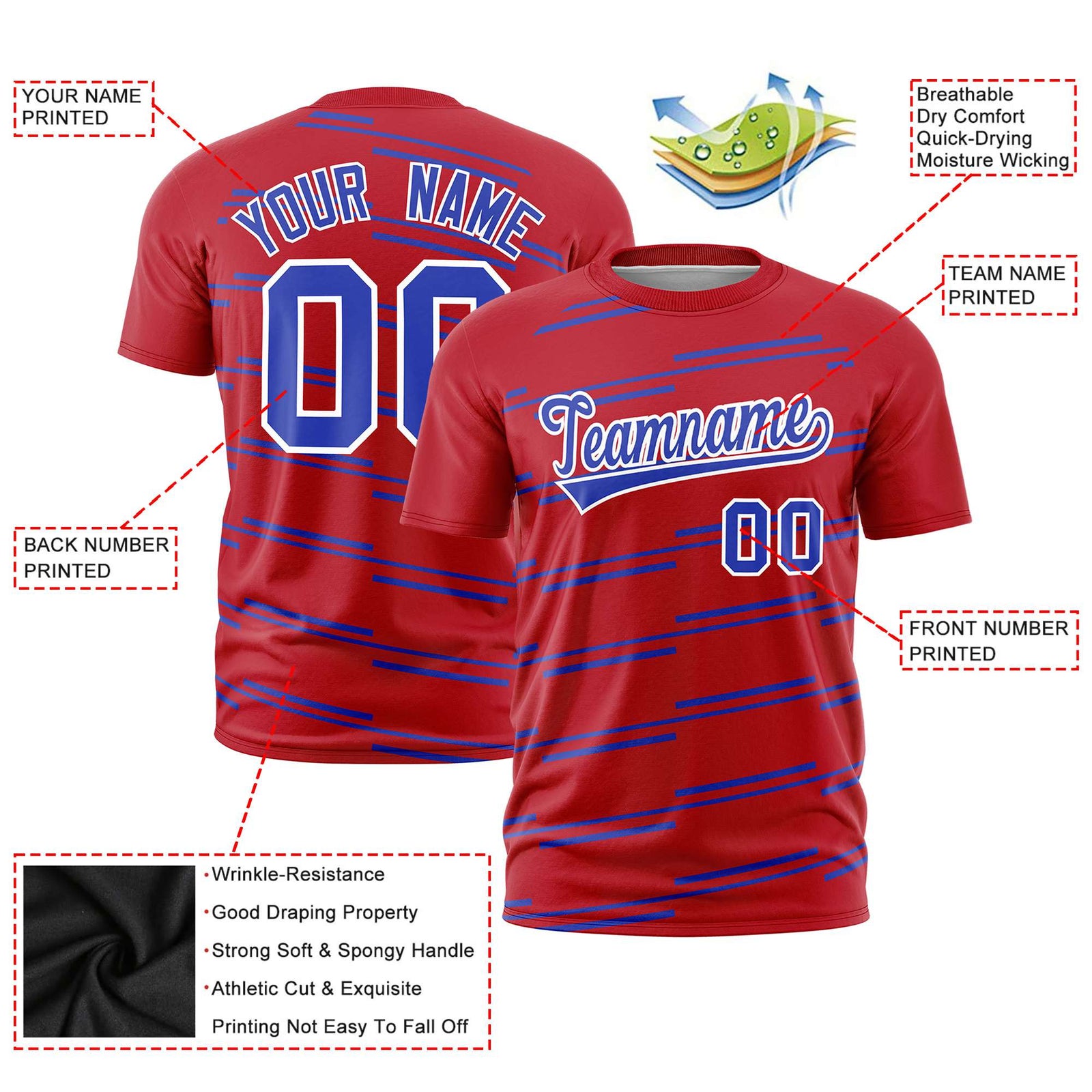 Custom Red Royal Blue Personalized Slanting Line Graffiti Pattern Performance T-Shirt