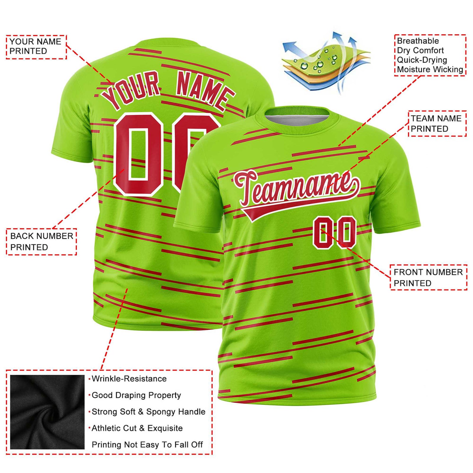 Custom Neon Green Red Personalized Slanting Line Graffiti Pattern Performance T-Shirt