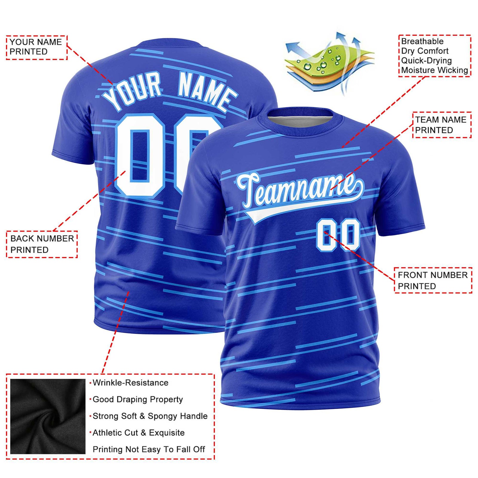 Custom Royal Blue Powder Blue Personalized Slanting Line Graffiti Pattern Performance T-Shirt