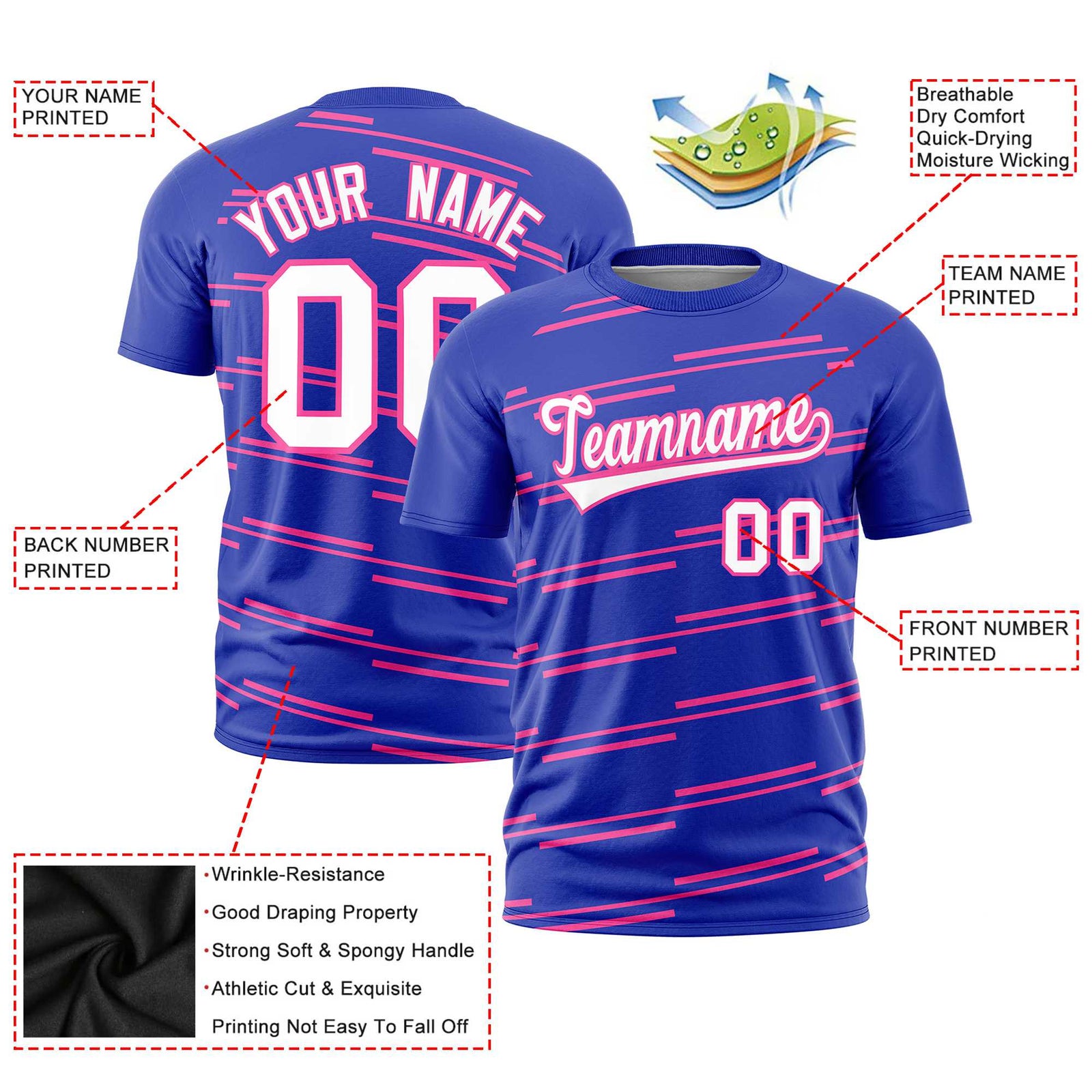 Custom Royal Blue Pink Personalized Slanting Line Graffiti Pattern Performance T-Shirt