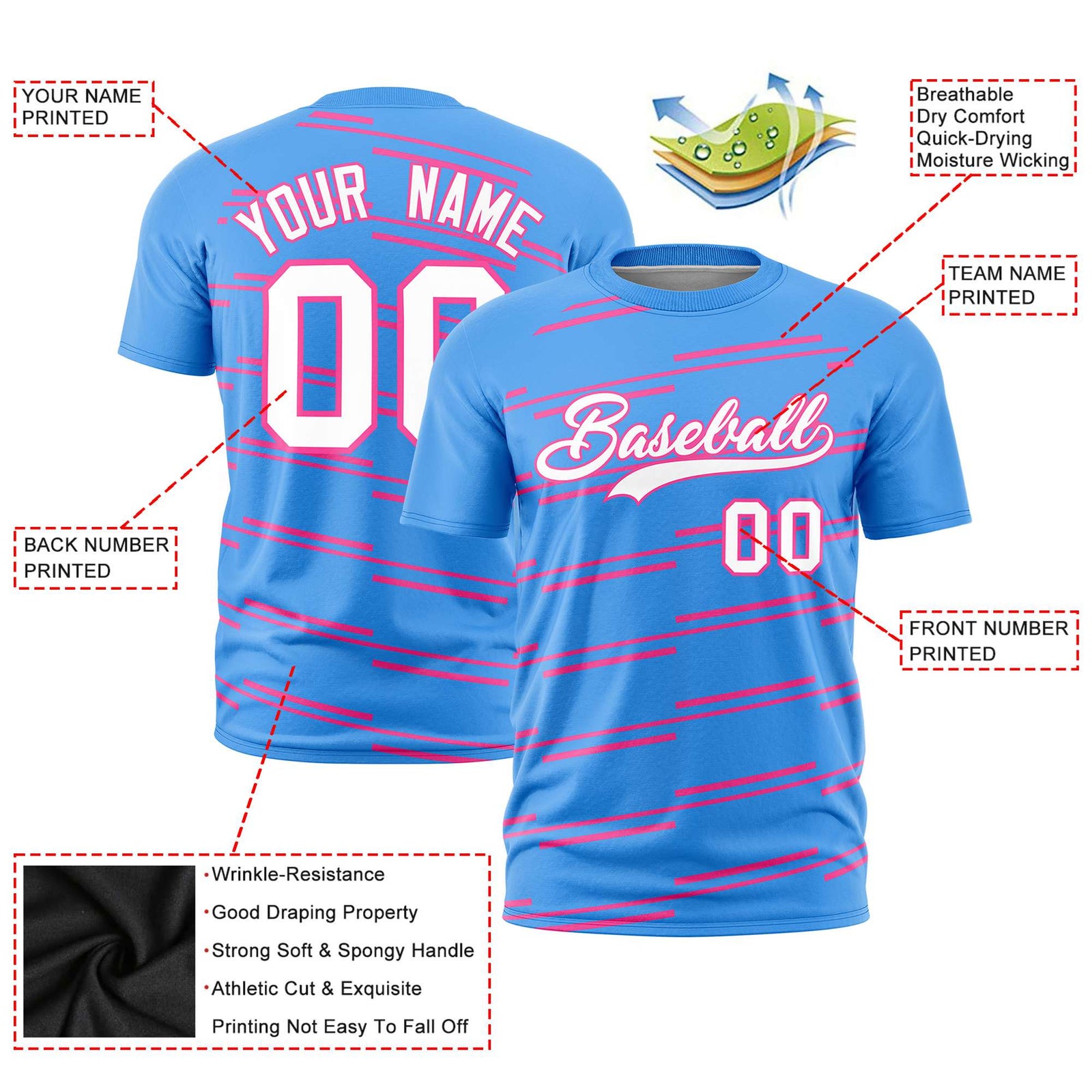 Custom Powder Blue Pink Personalized Slanting Line Graffiti Pattern Performance T-Shirt