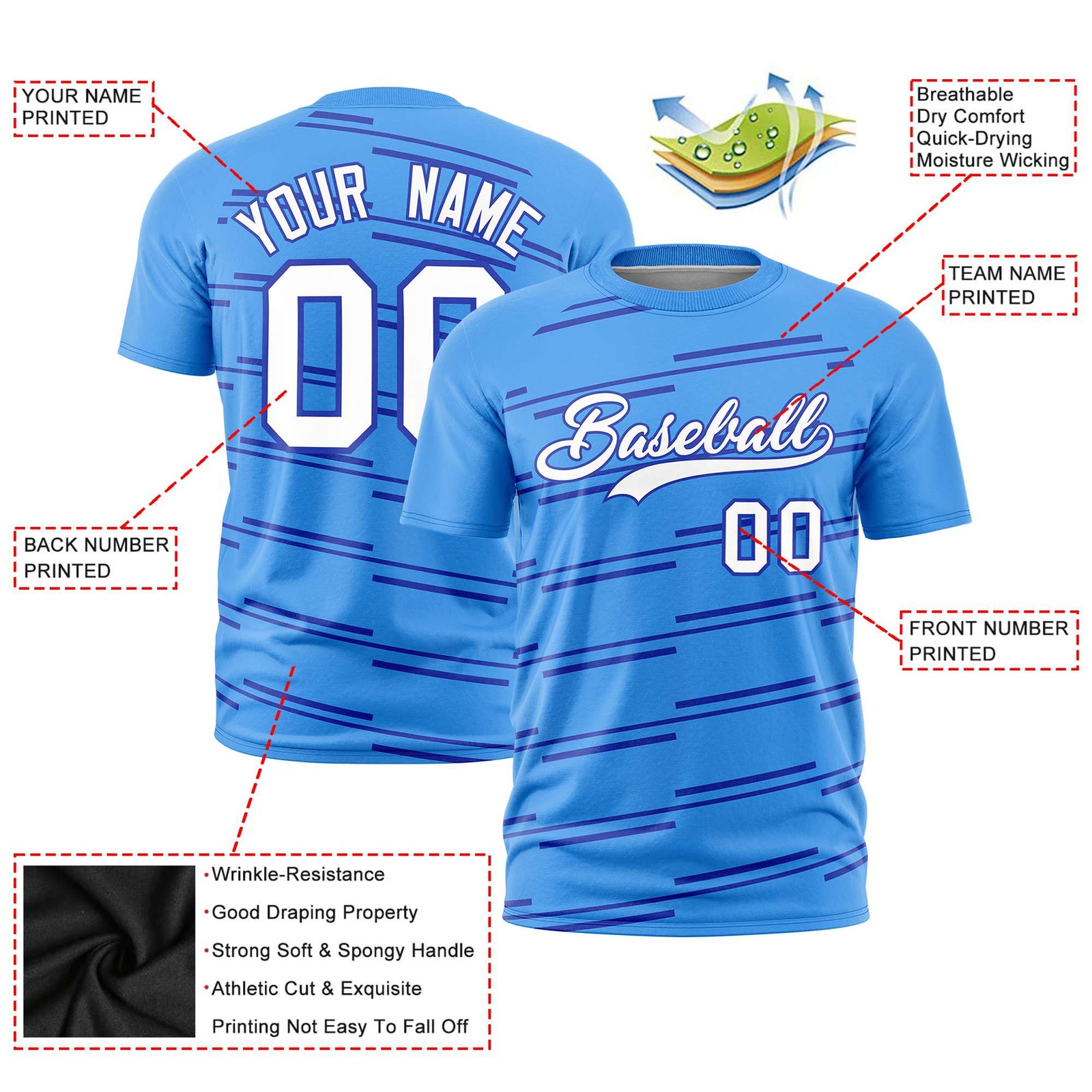 Custom Powder Blue Royal Blue Personalized Slanting Line Graffiti Pattern Performance T-Shirt