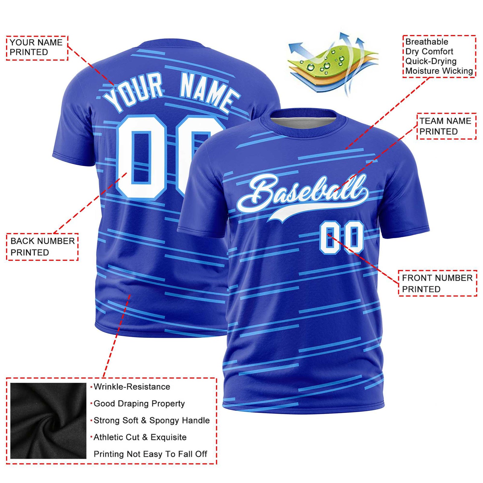 Custom Royal Blue Powder Blue Personalized Slanting Line Graffiti Pattern Performance T-Shirt