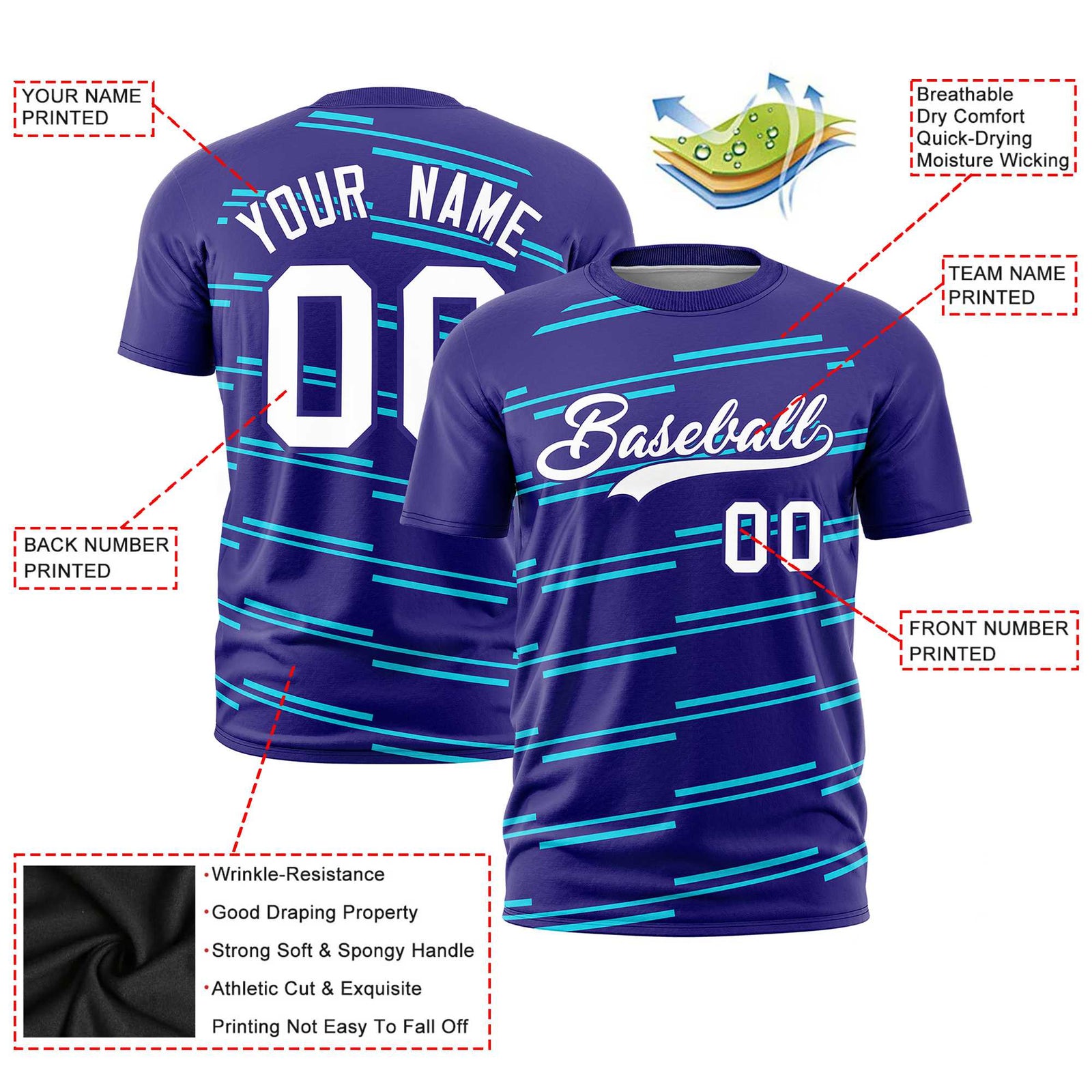 Custom Purple Sky Blue Personalized Slanting Line Graffiti Pattern Performance T-Shirt