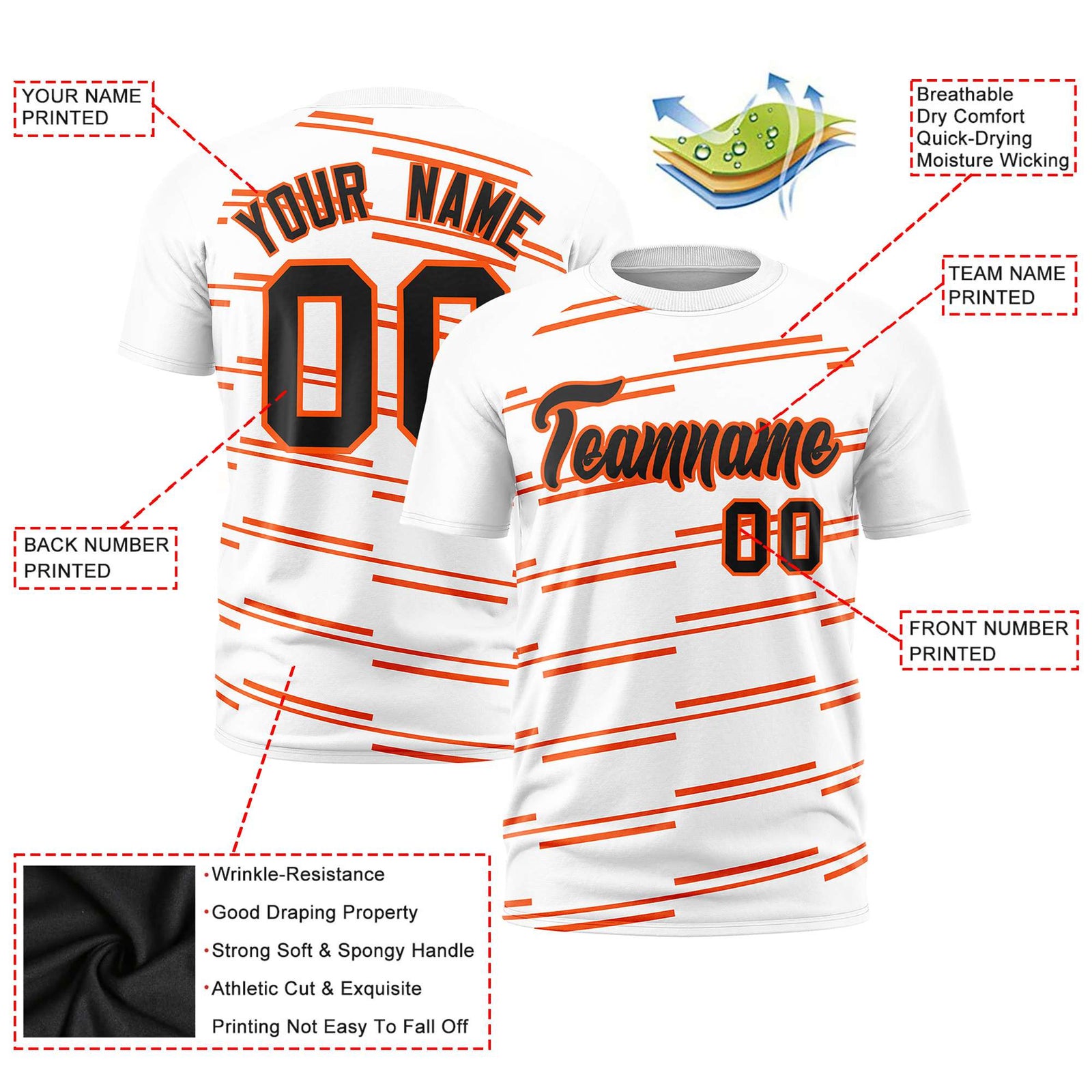 Custom White Orange Personalized Slanting Line Graffiti Pattern Performance T-Shirt