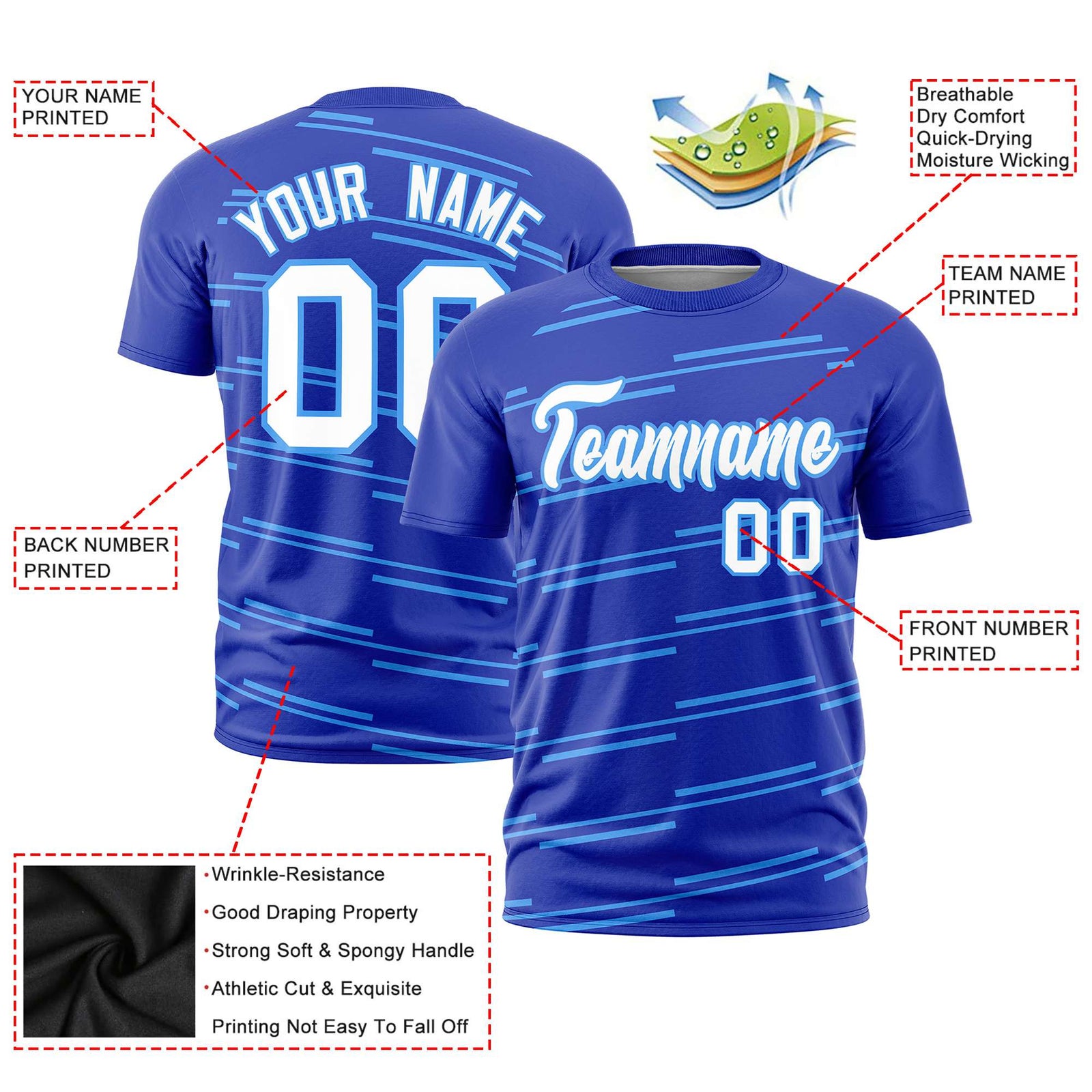 Custom Royal Blue Powder Blue Personalized Slanting Line Graffiti Pattern Performance T-Shirt