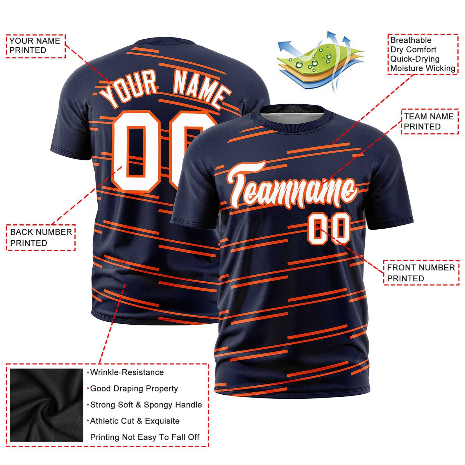 Custom Navy Orange Personalized Slanting Line Graffiti Pattern Performance T-Shirt